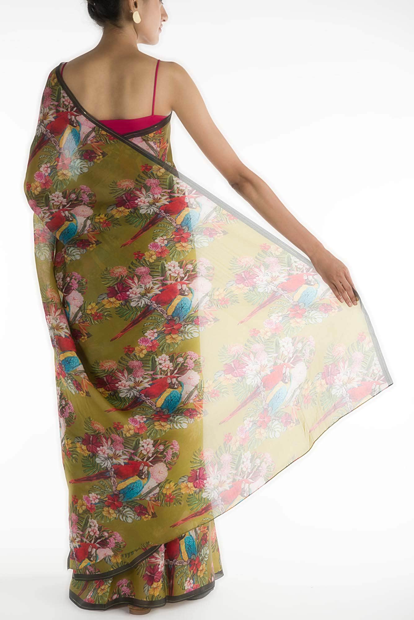 Lover Macaws Olive Green Satin Organza Saree