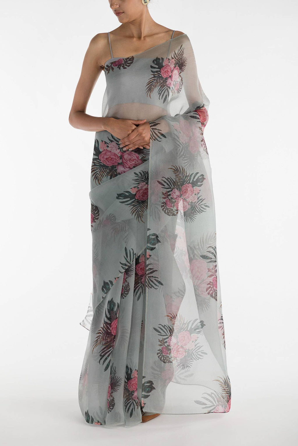 The Flower Bunch Mint Green Pure Organza Silk Saree