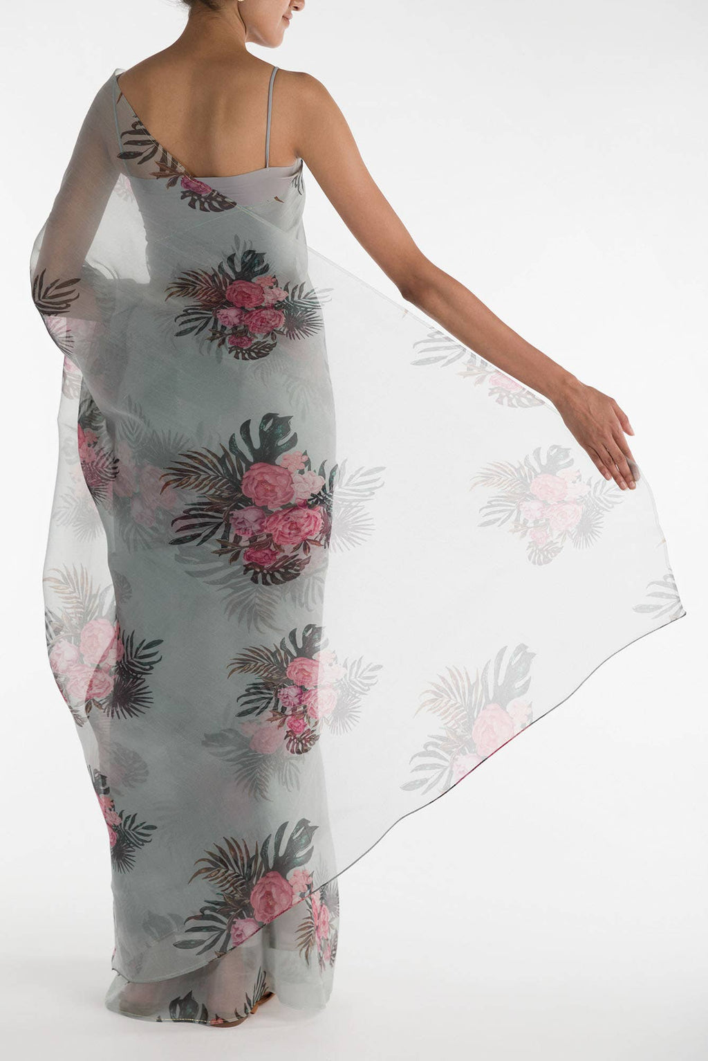 The Flower Bunch Mint Green Pure Organza Silk Saree