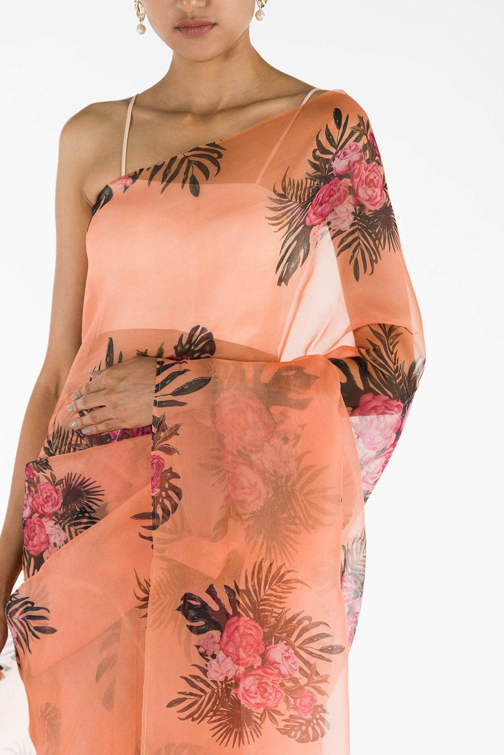 The Flower Bunch Peach Pure Organza Silk Saree