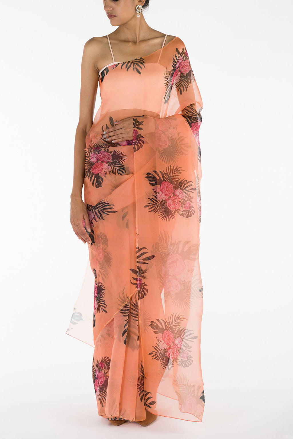 The Flower Bunch Peach Pure Organza Silk Saree