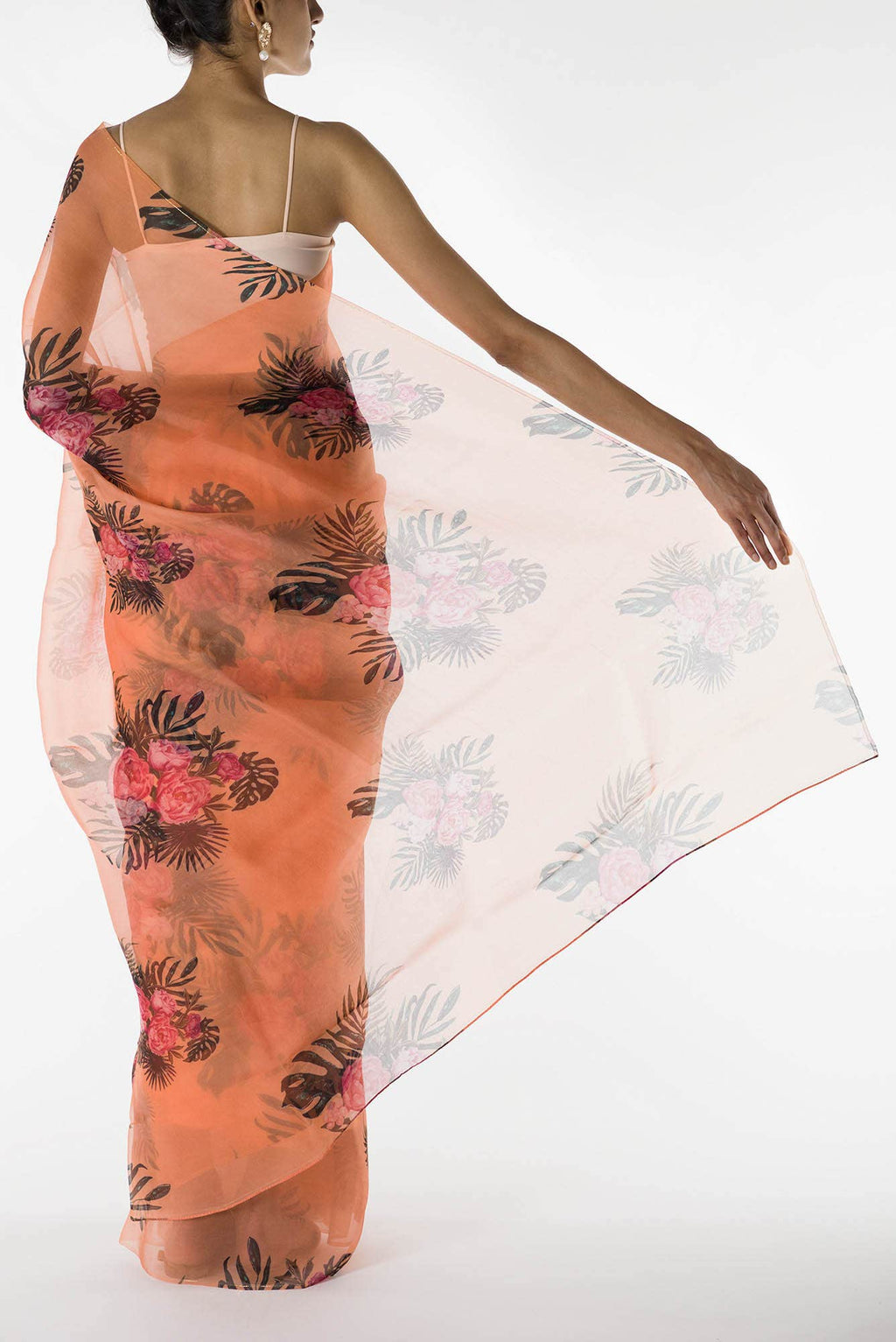 The Flower Bunch Peach Pure Organza Silk Saree