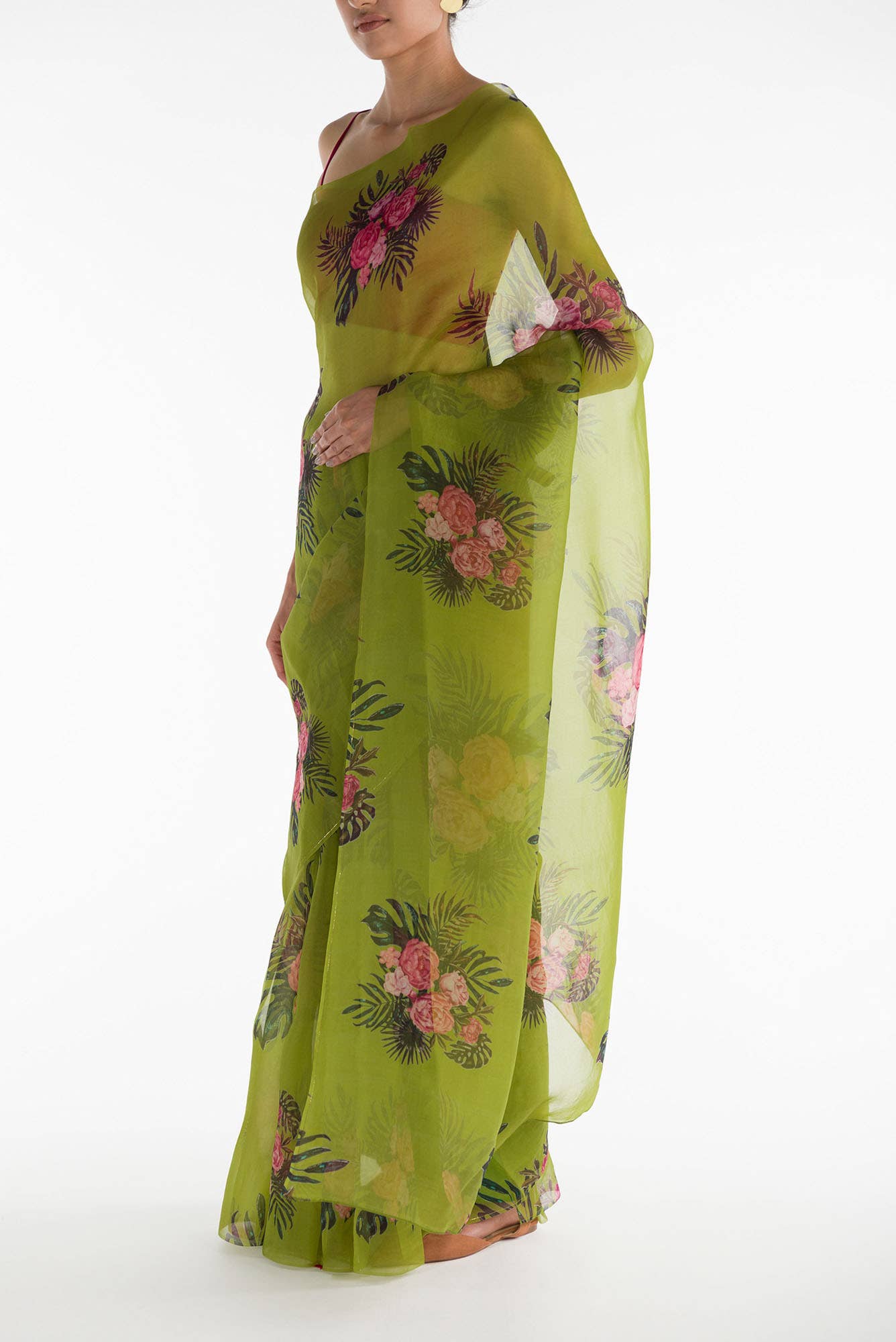 The Flower Bunch Olive Green Pure Organza Silk Saree