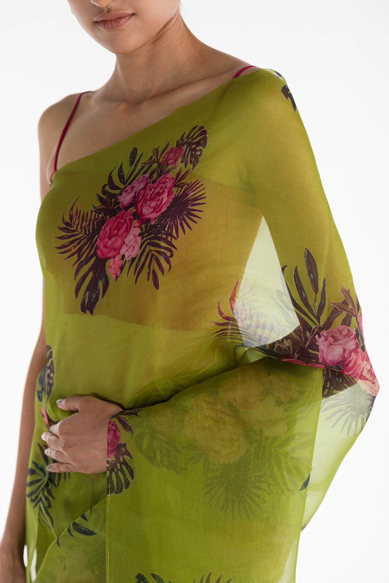The Flower Bunch Olive Green Pure Organza Silk Saree