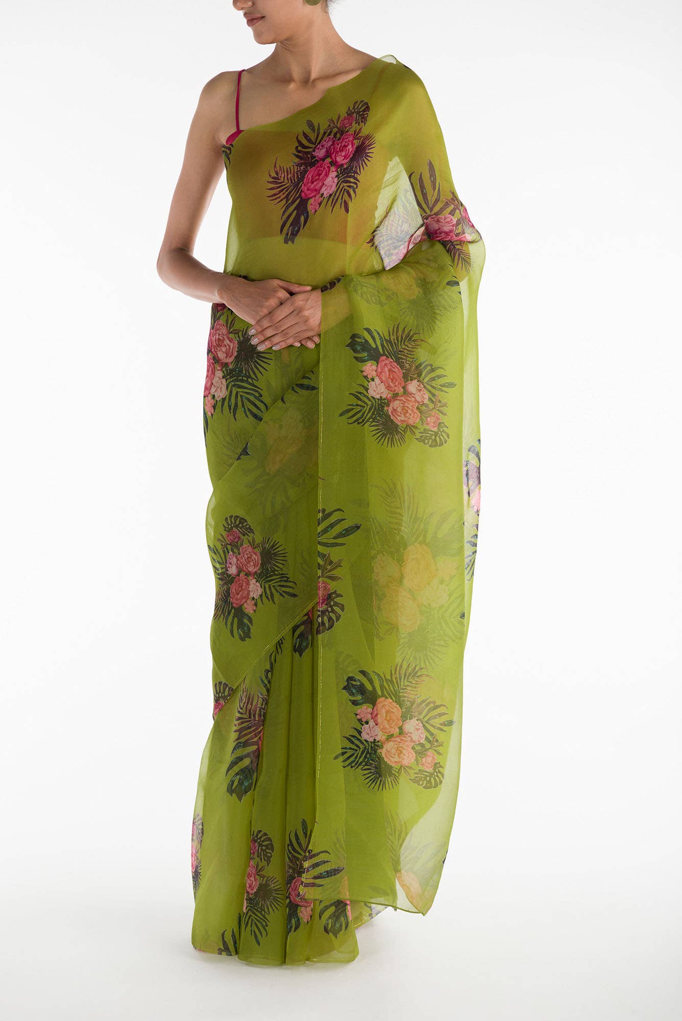 The Flower Bunch Olive Green Pure Organza Silk Saree