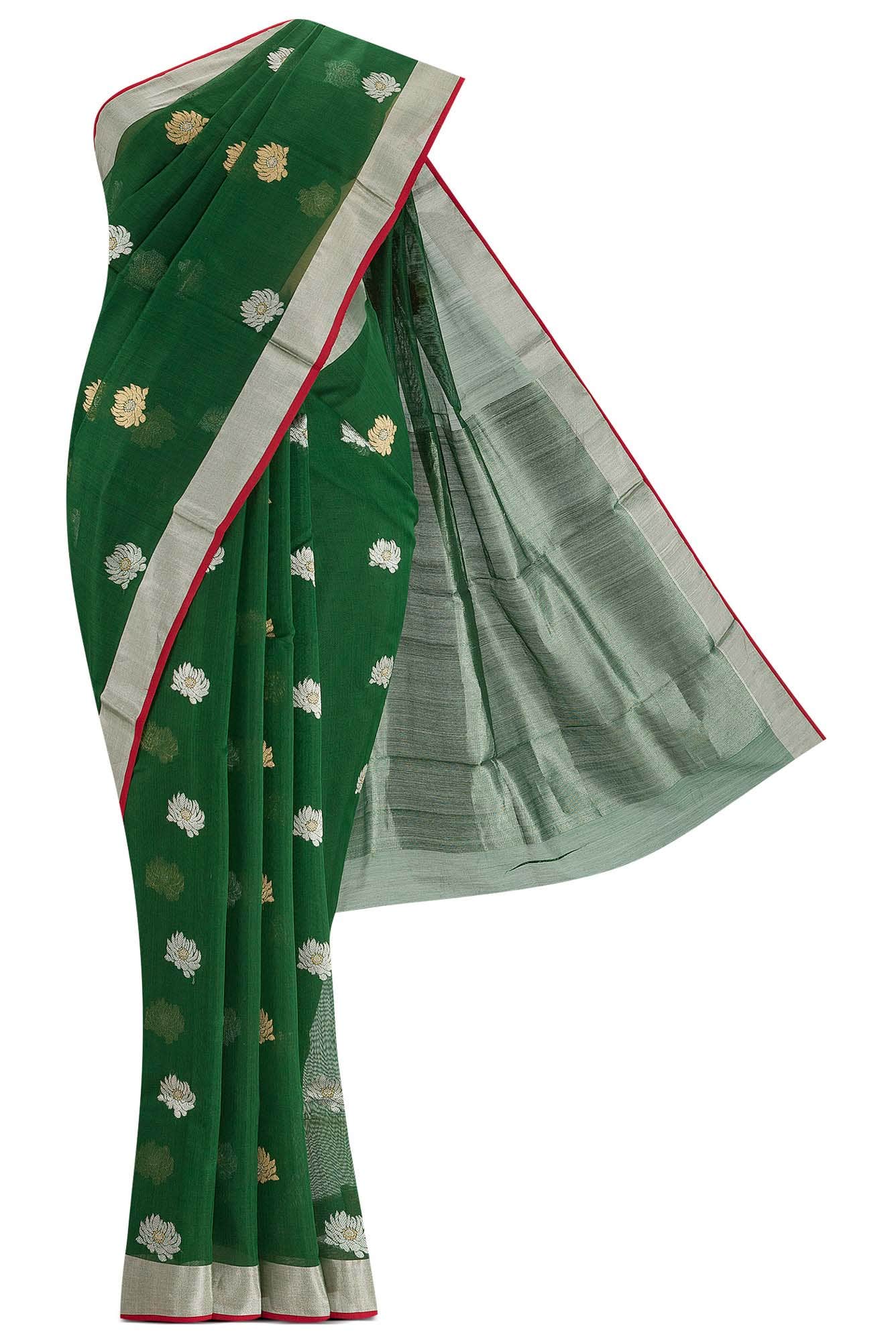 Navya  Bottle Green Chanderi Silk Cotton Saree