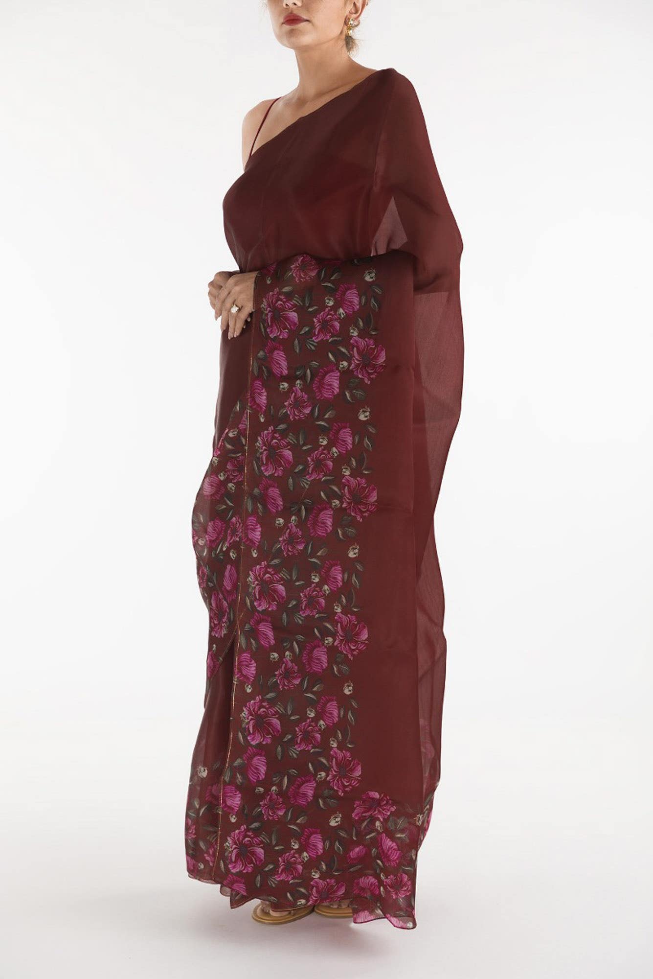 Poppys in Rhythm Red Satin Organza Saree