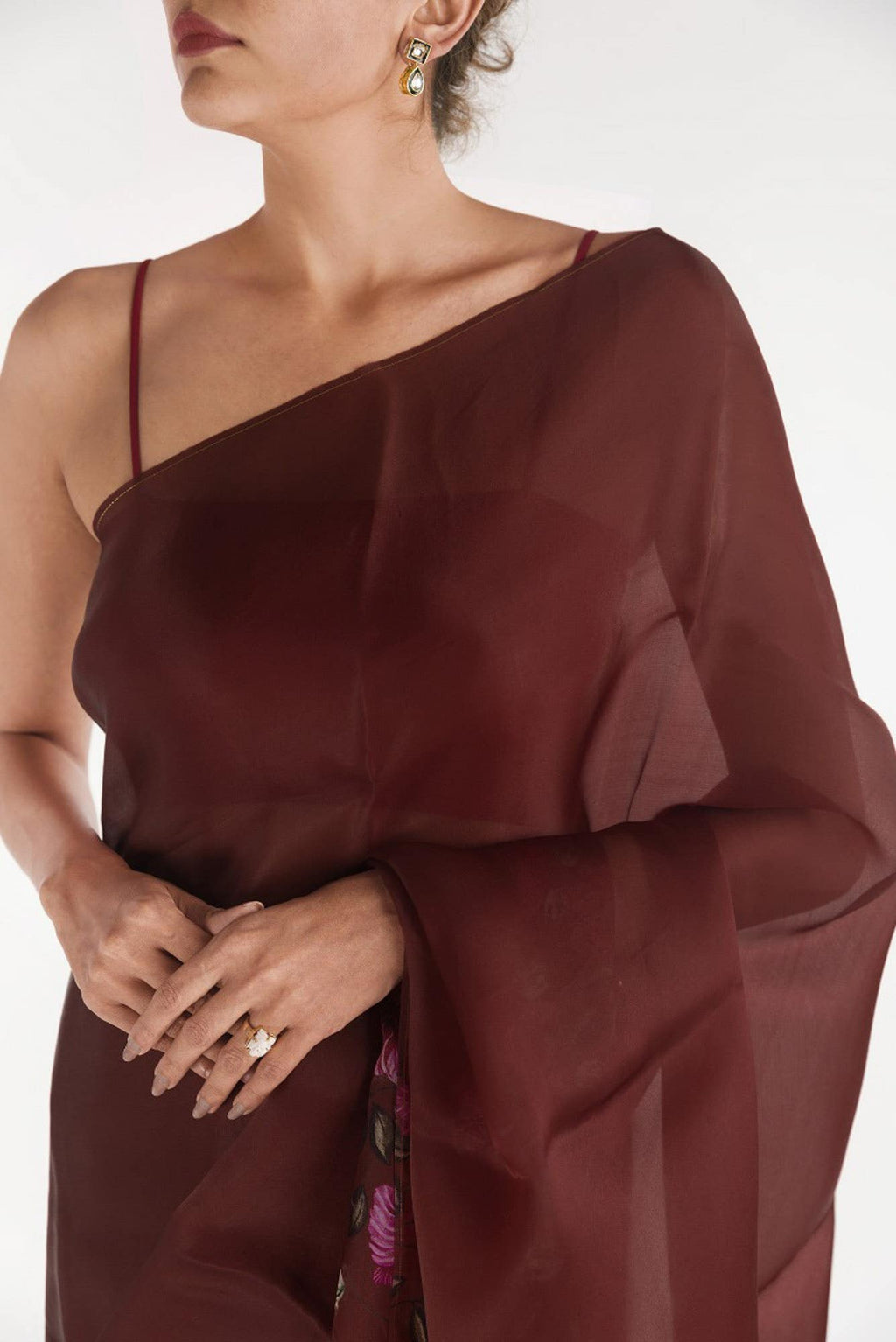 Poppys in Rhythm Red Satin Organza Saree