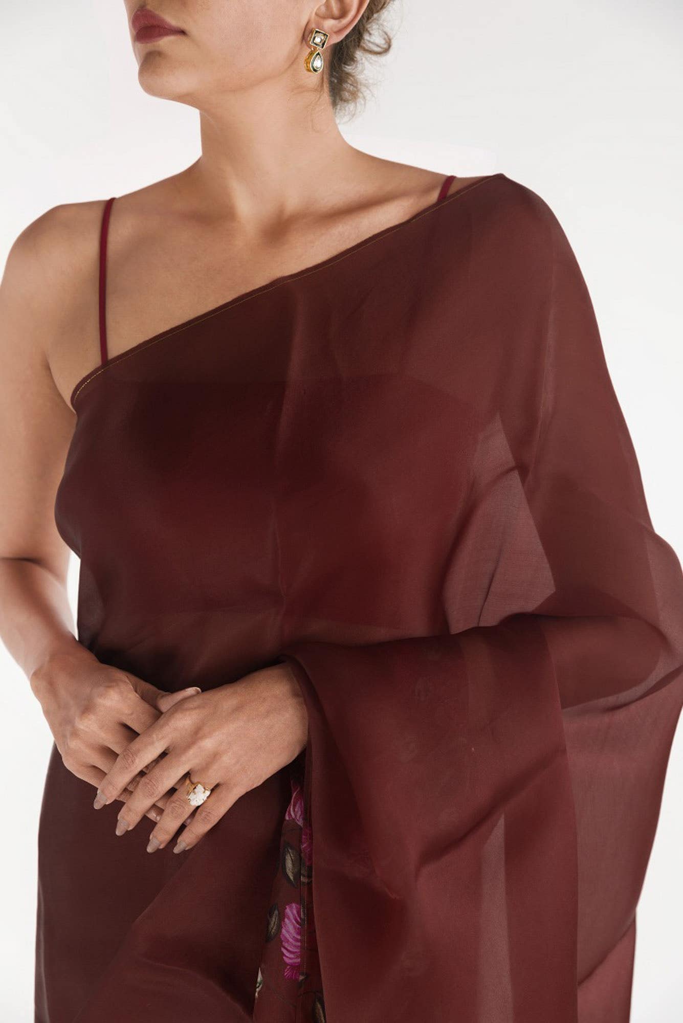 Poppys in Rhythm Red Satin Organza Saree