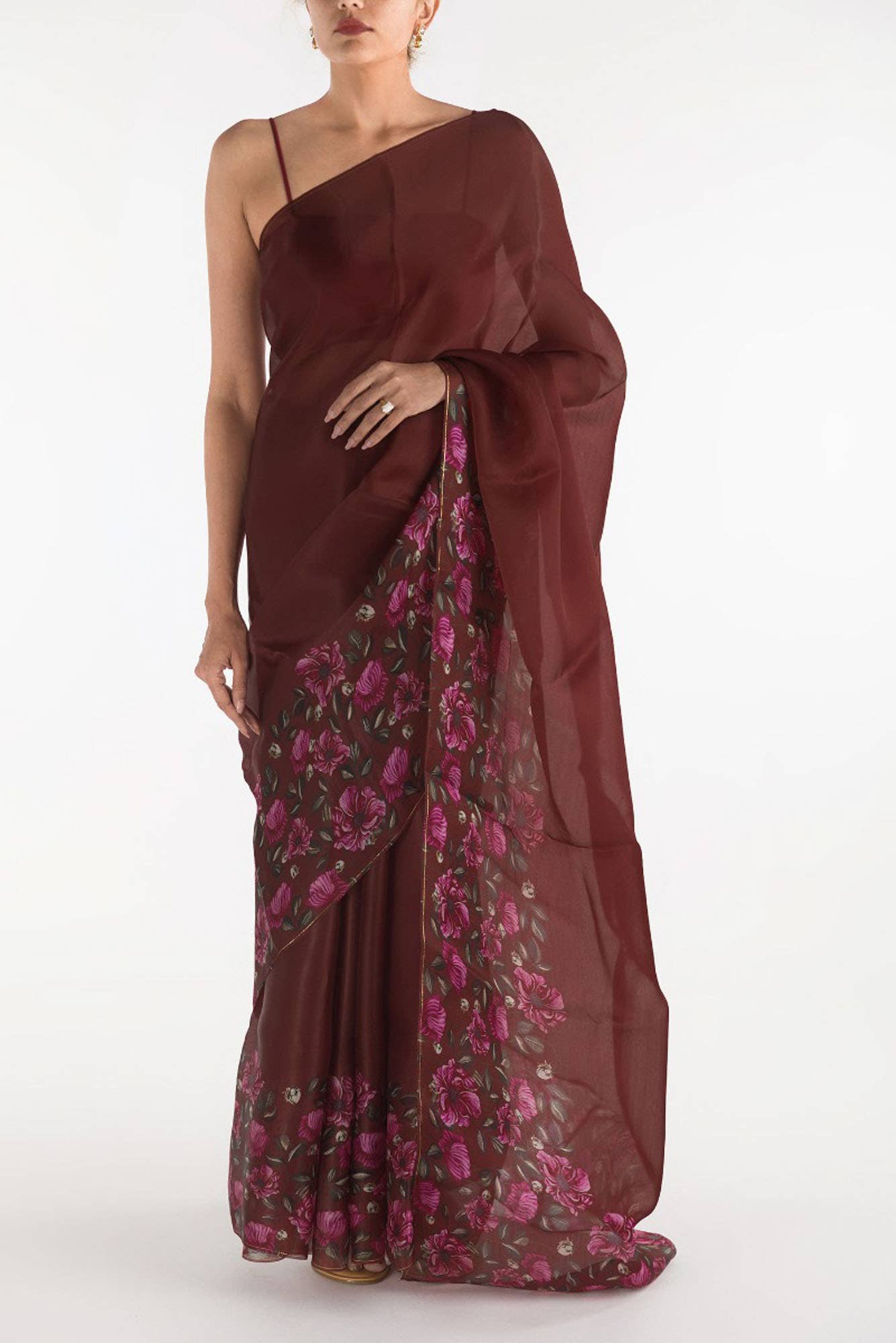 Poppys in Rhythm Red Satin Organza Saree