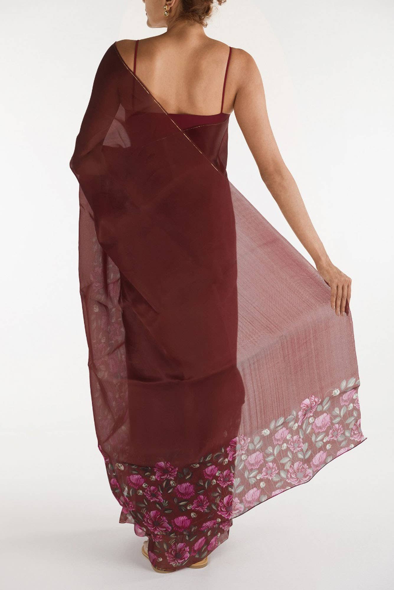 Poppys in Rhythm Red Satin Organza Saree