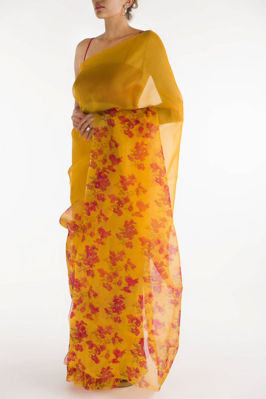 Bougainvillea Vines Mustard Pure Organza Silk Saree