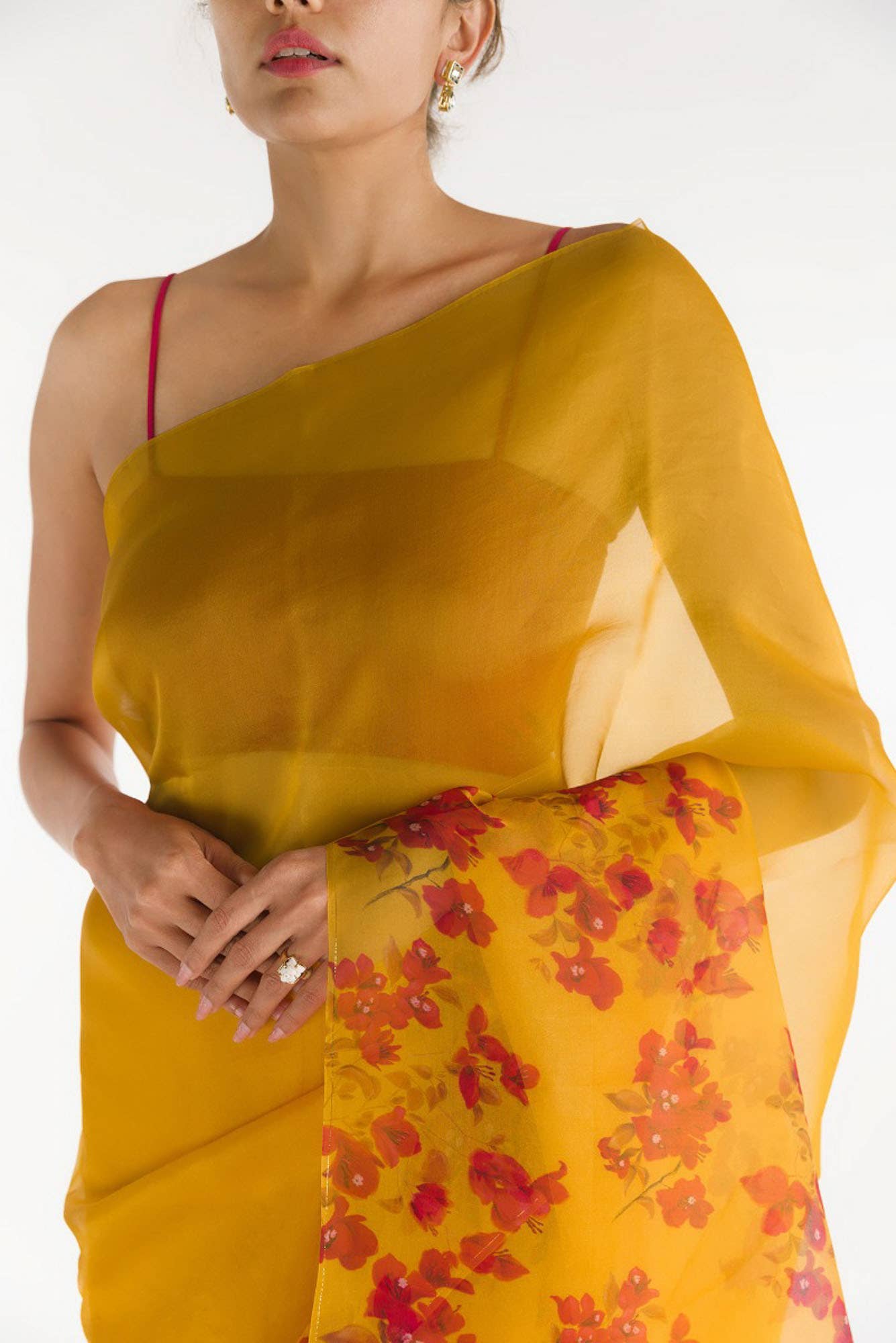 Bougainvillea Vines Mustard Pure Organza Silk Saree