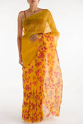 Bougainvillea Vines Mustard Pure Organza Silk Saree