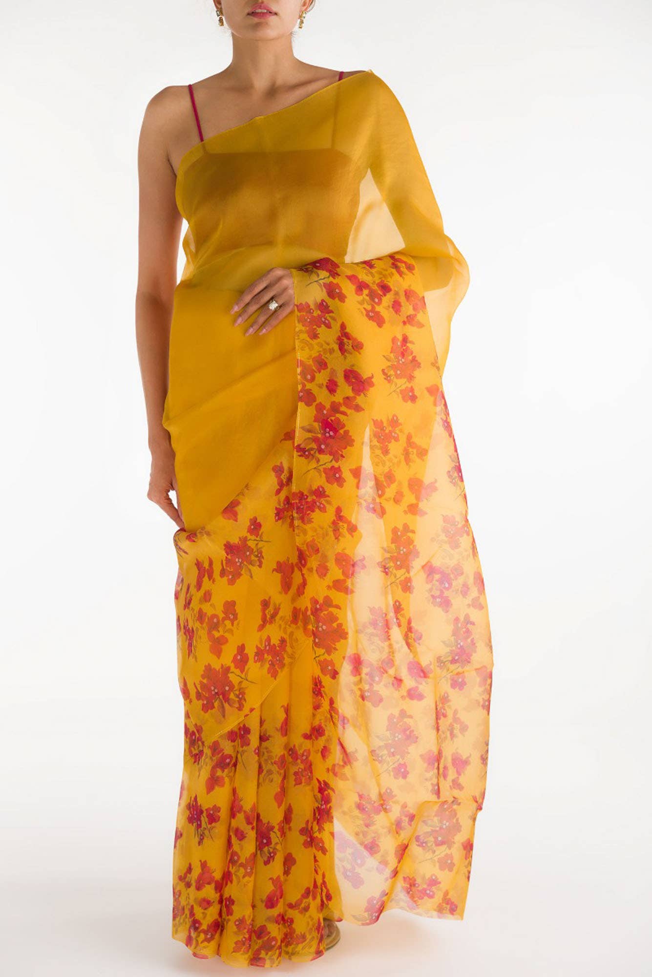 Bougainvillea Vines Mustard Pure Organza Silk Saree