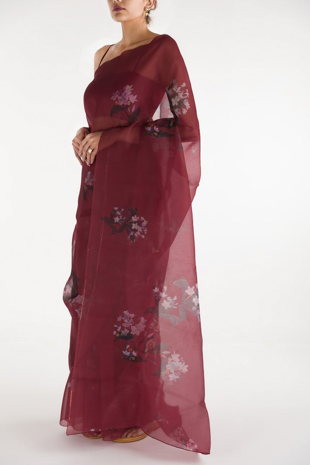 The Sparrows Deep Red Pure Organza Silk Saree