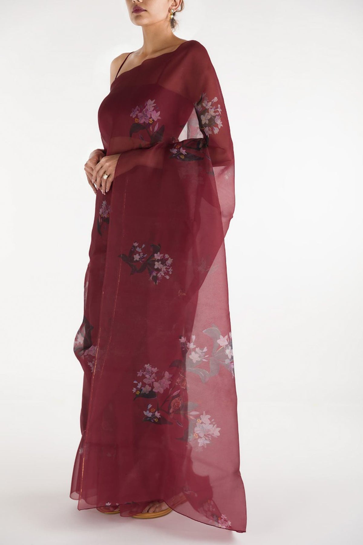 The Sparrows Deep Red Pure Organza Silk Saree