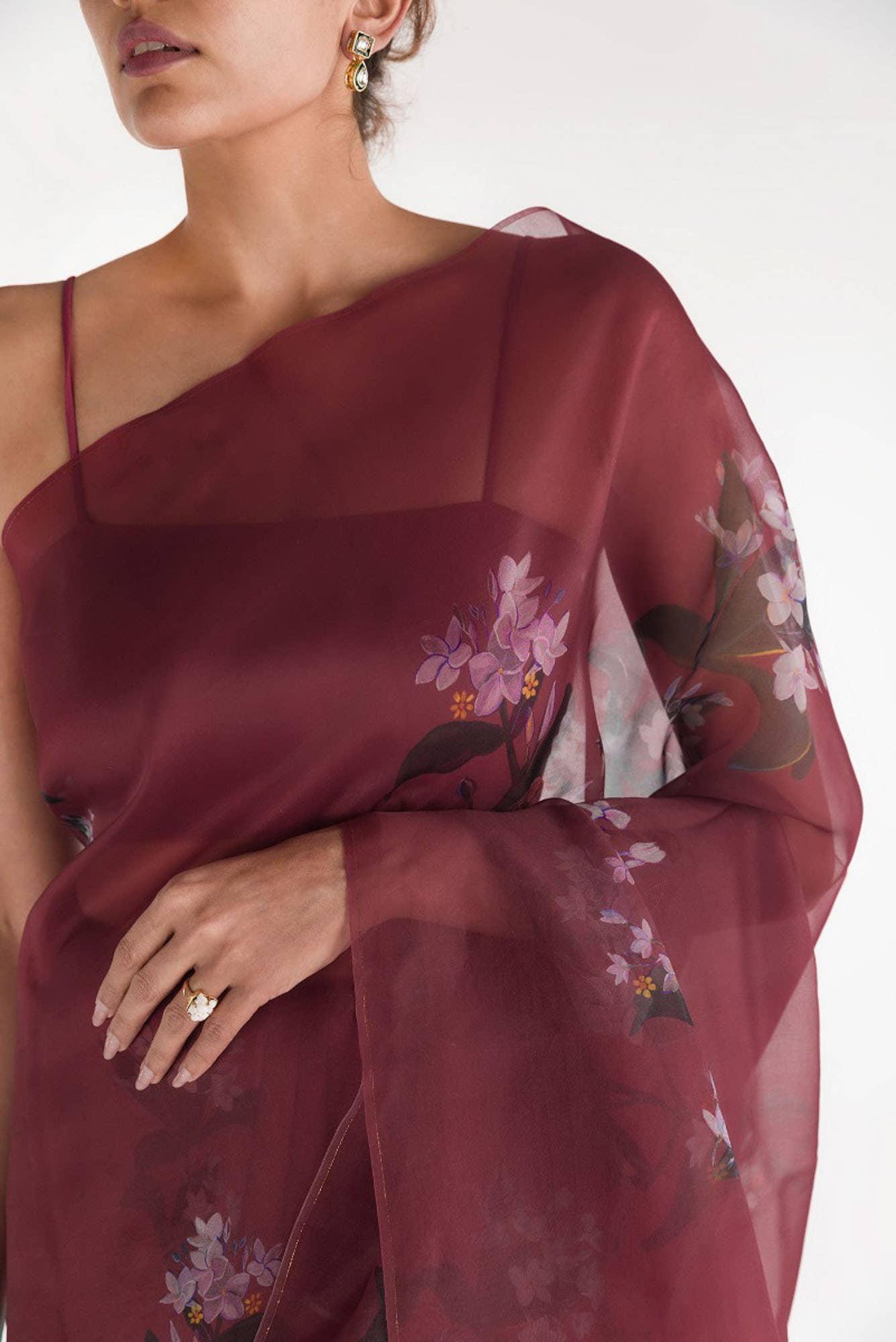 The Sparrows Deep Red Pure Organza Silk Saree