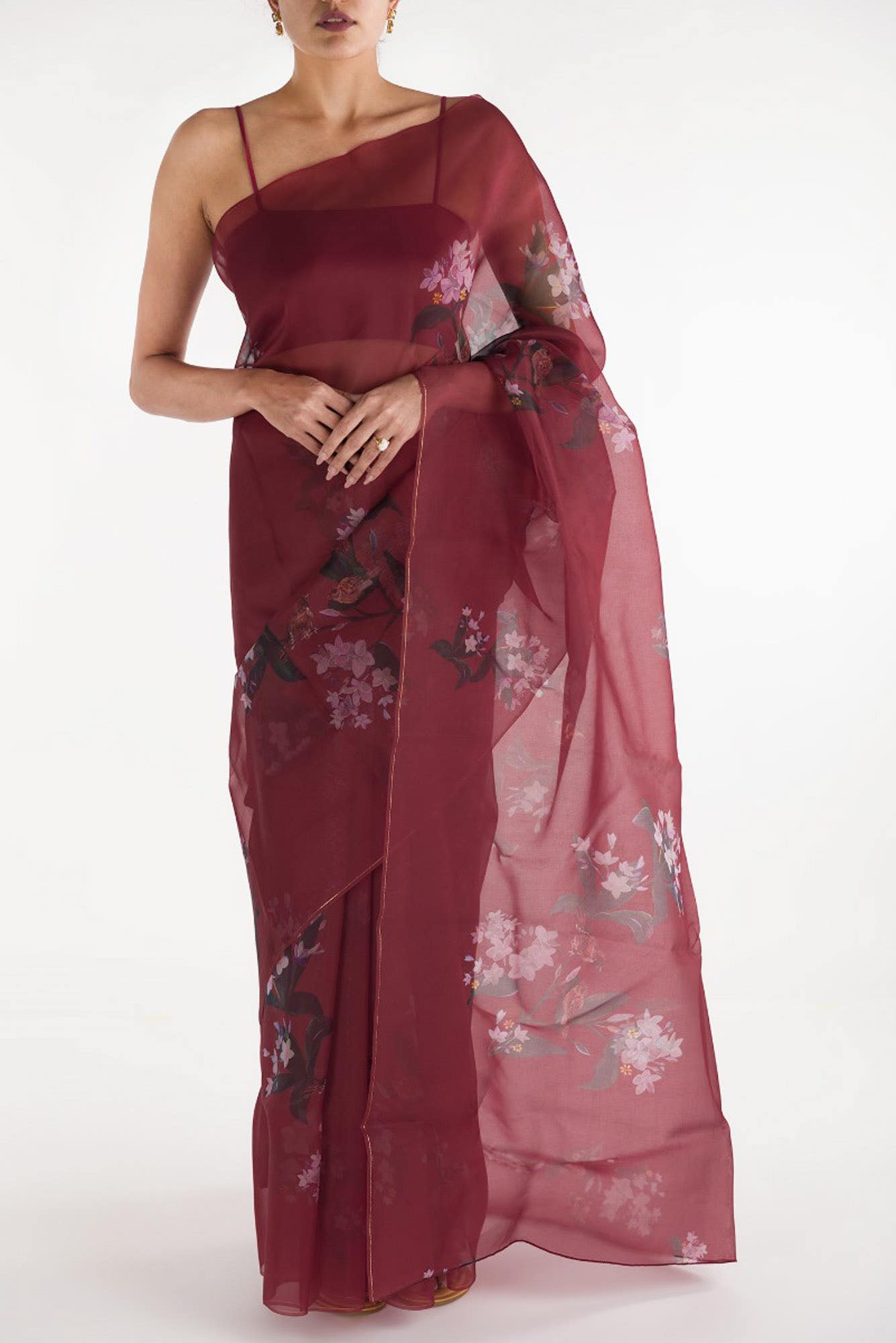 The Sparrows Deep Red Pure Organza Silk Saree