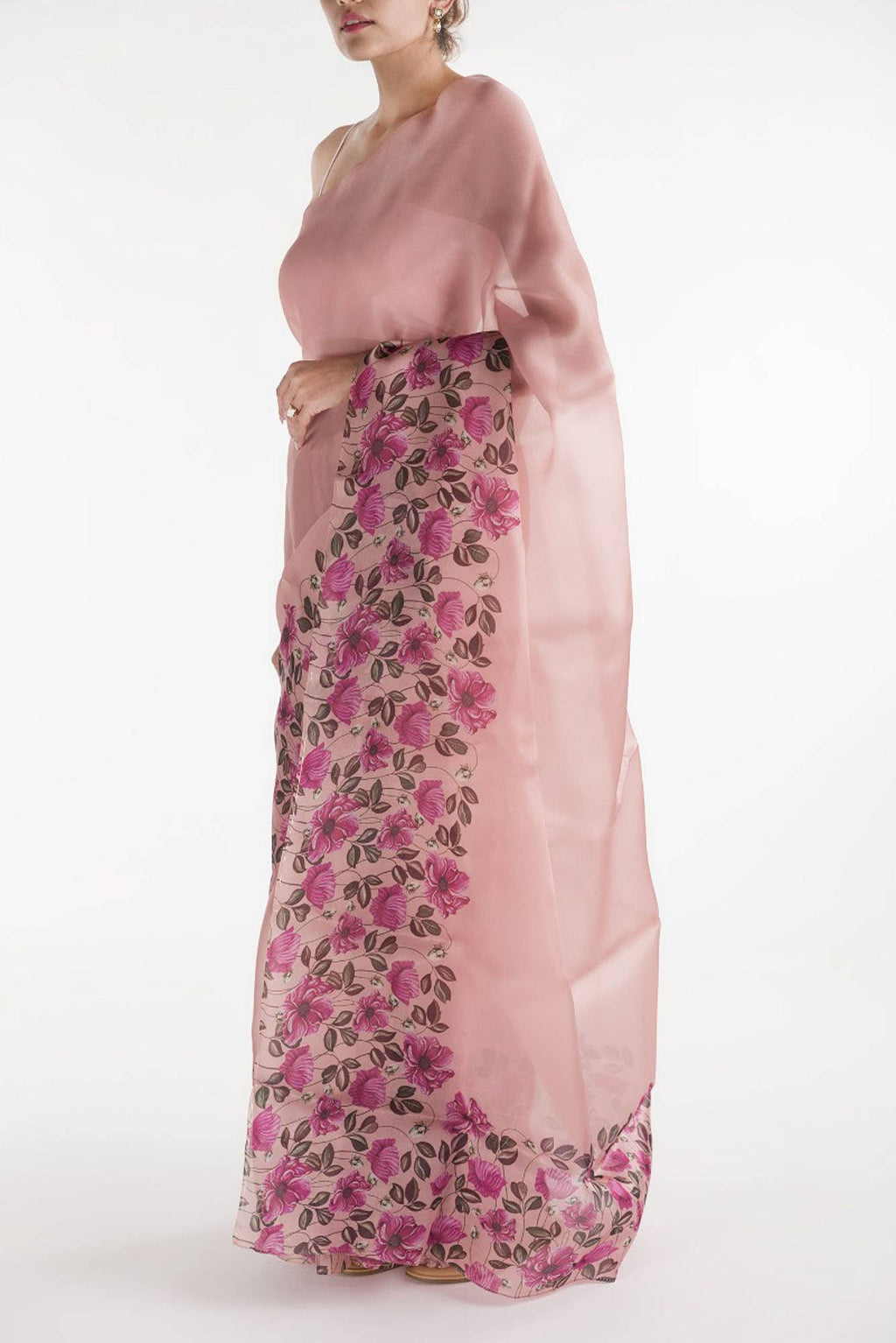 Poppys in Rhythm Pink Satin Organza Saree