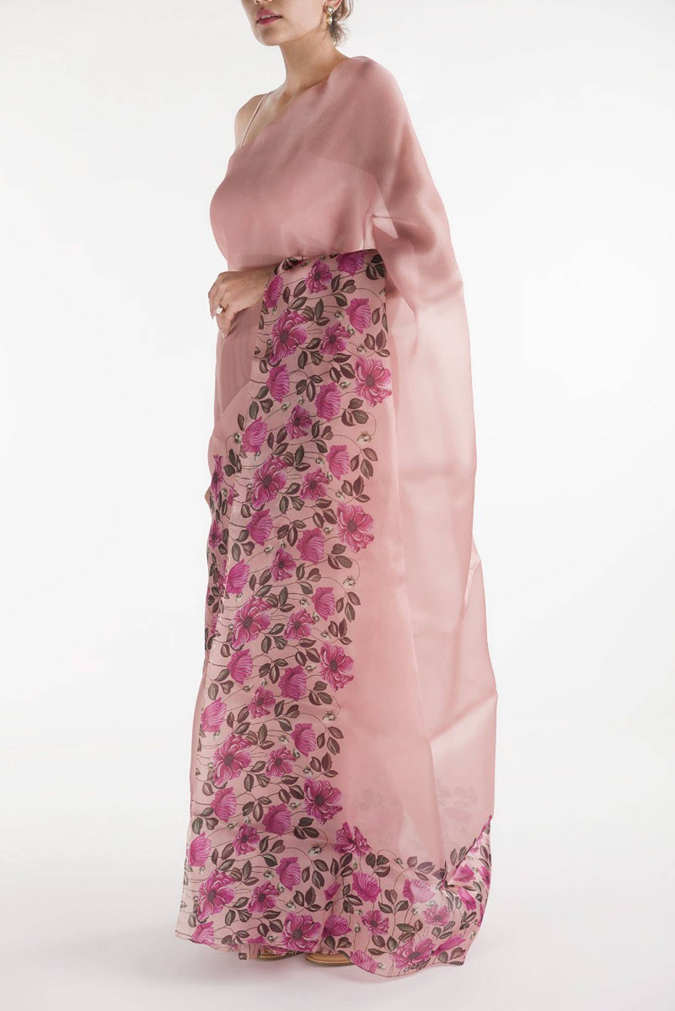 Poppys in Rhythm Pink Satin Organza Saree