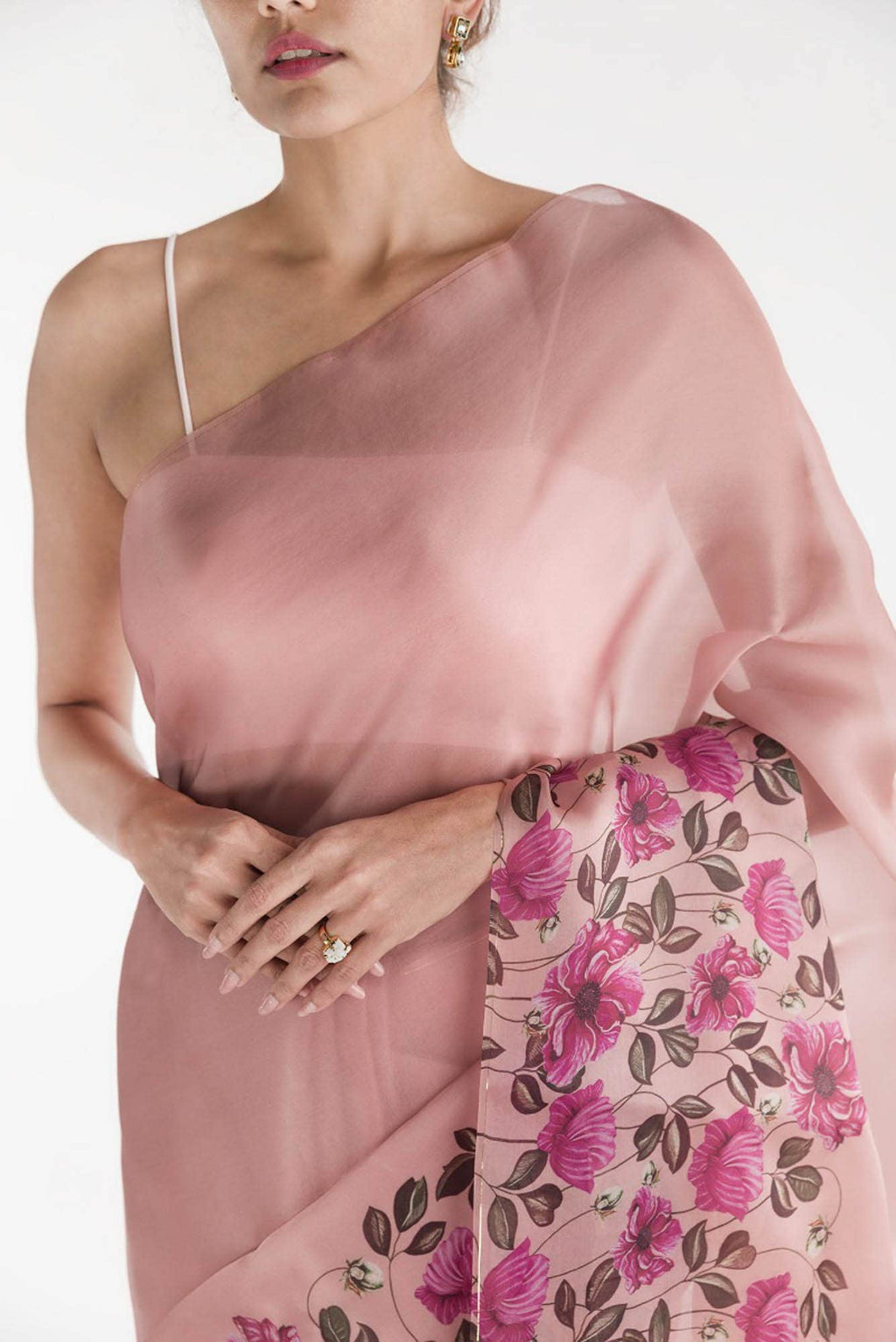 Poppys in Rhythm Pink Satin Organza Saree