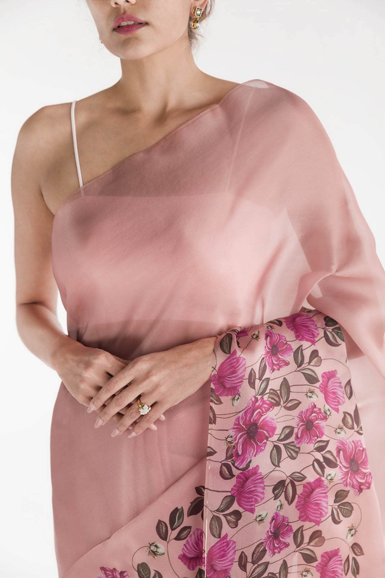 Poppys in Rhythm Pink Satin Organza Saree