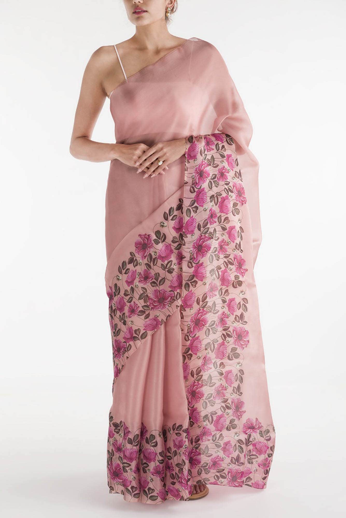 Poppys in Rhythm Pink Satin Organza Saree