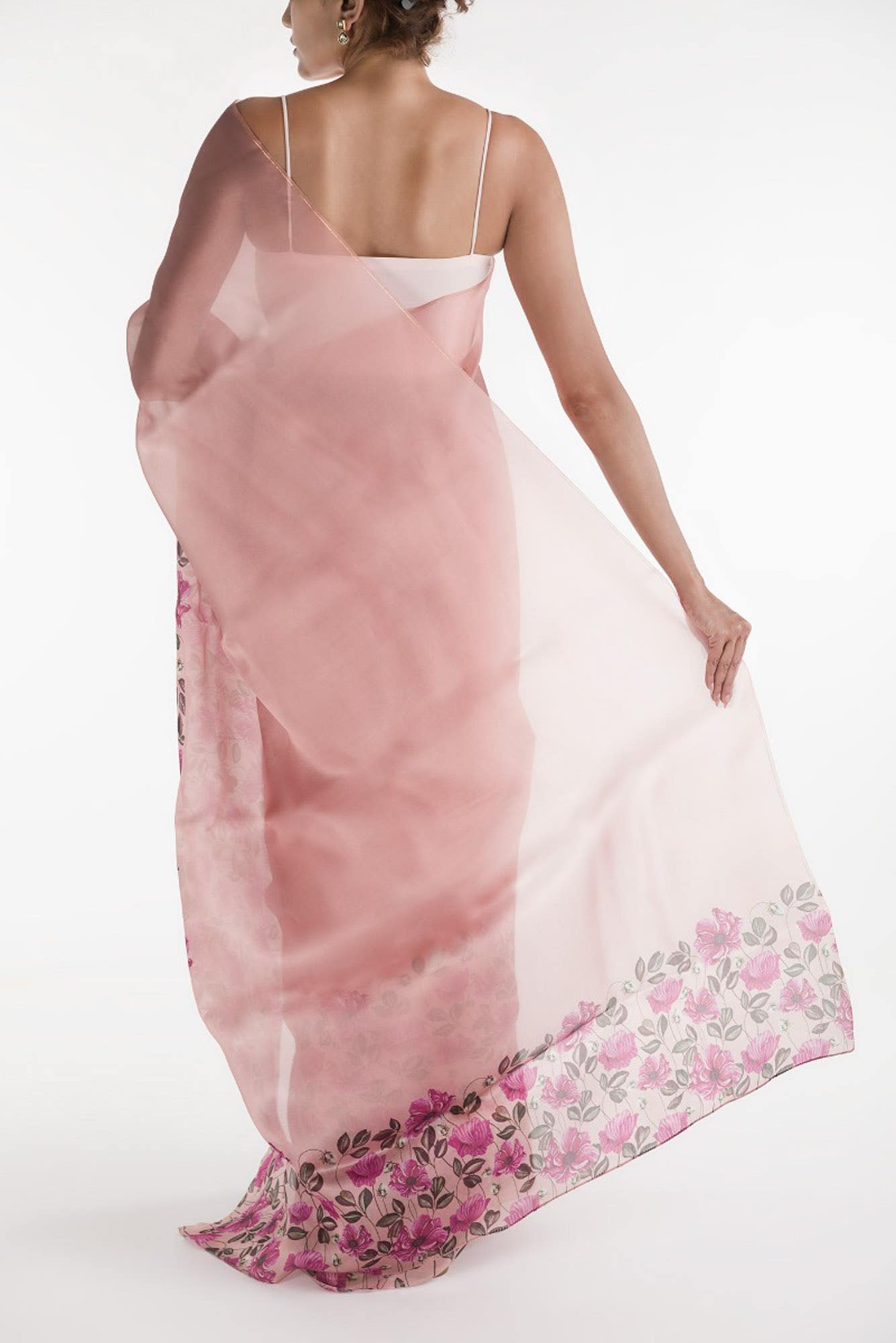 Poppys in Rhythm Pink Satin Organza Saree