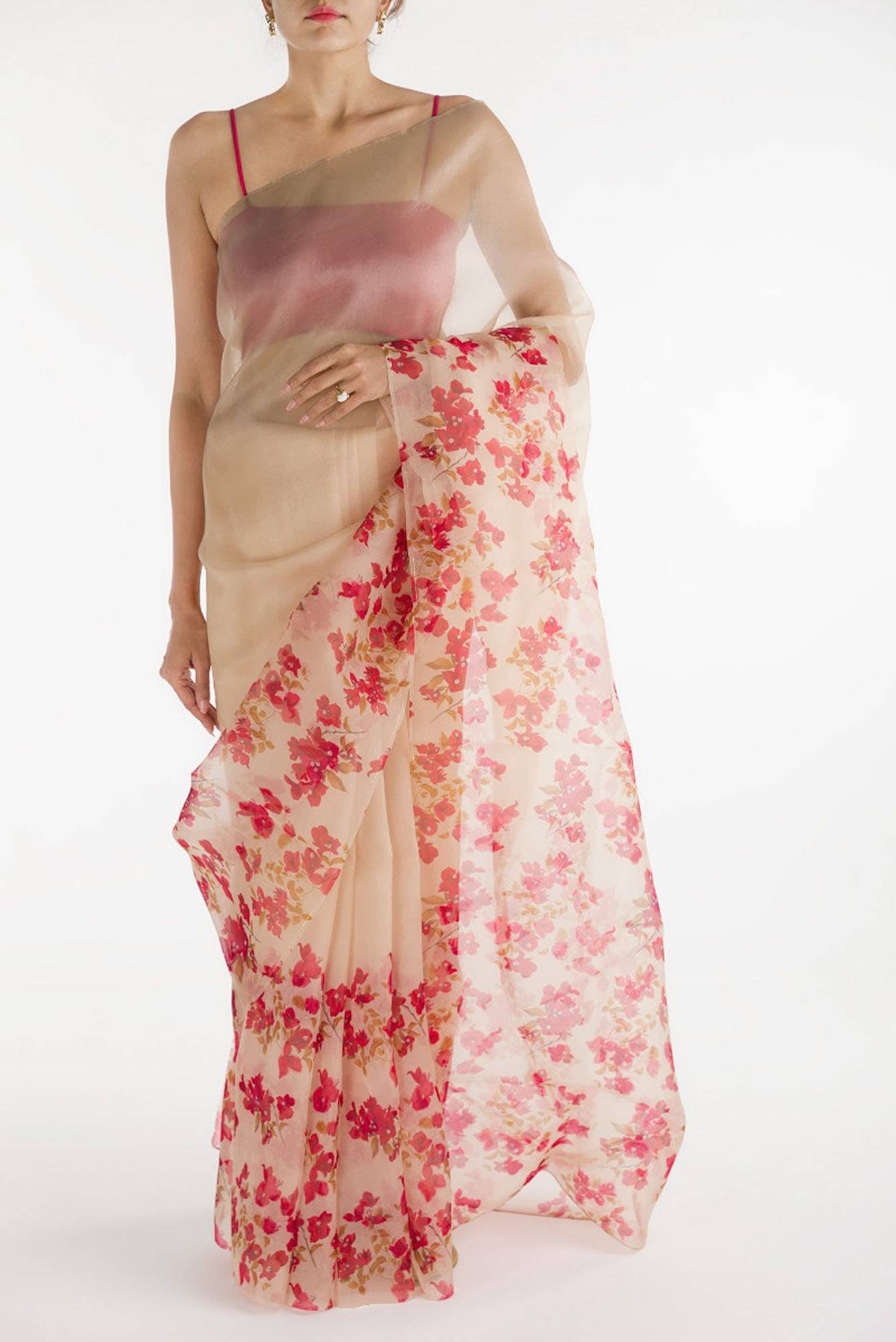 Bougainvillea Vines Cream Pure Organza Silk Saree