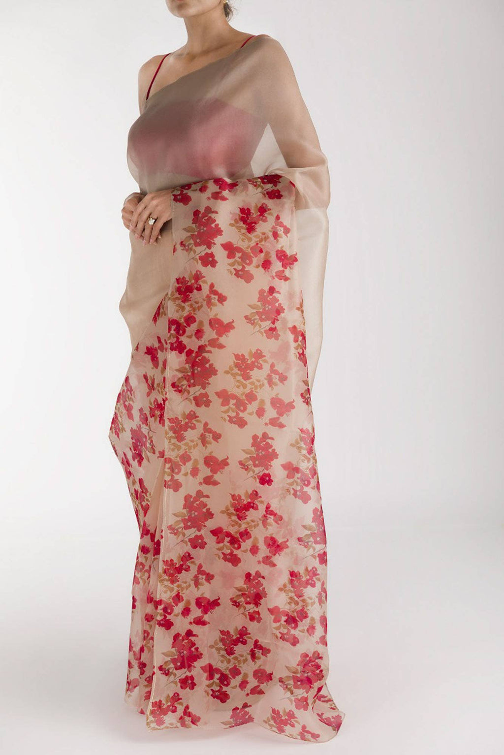 Bougainvillea Vines Cream Pure Organza Silk Saree