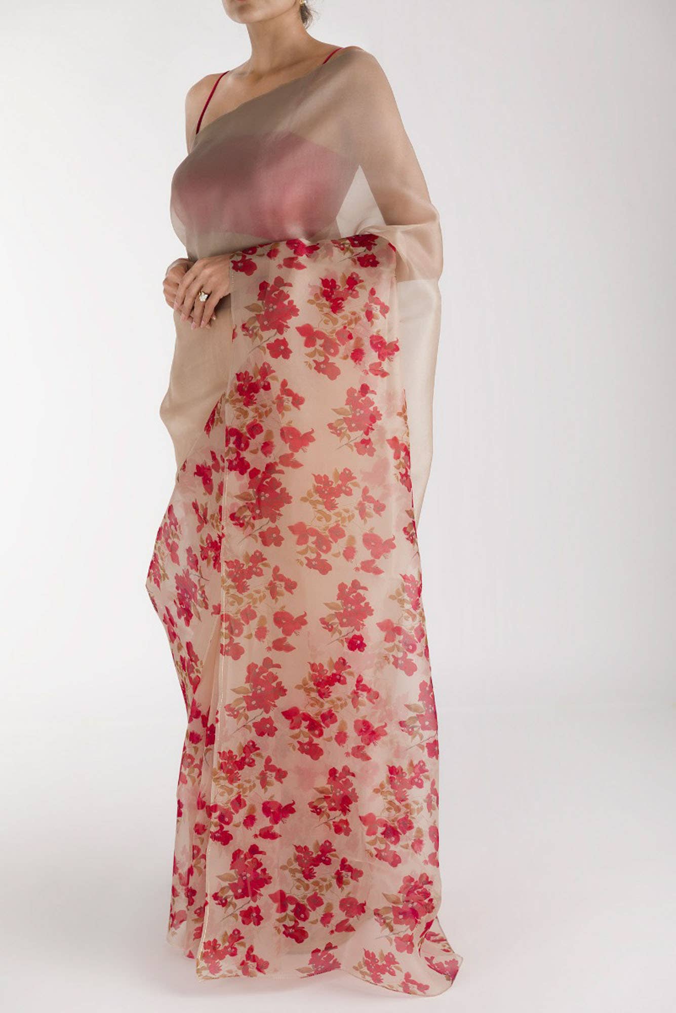 Bougainvillea Vines Cream Pure Organza Silk Saree