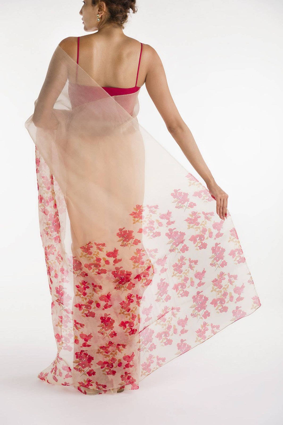 Bougainvillea Vines Cream Pure Organza Silk Saree