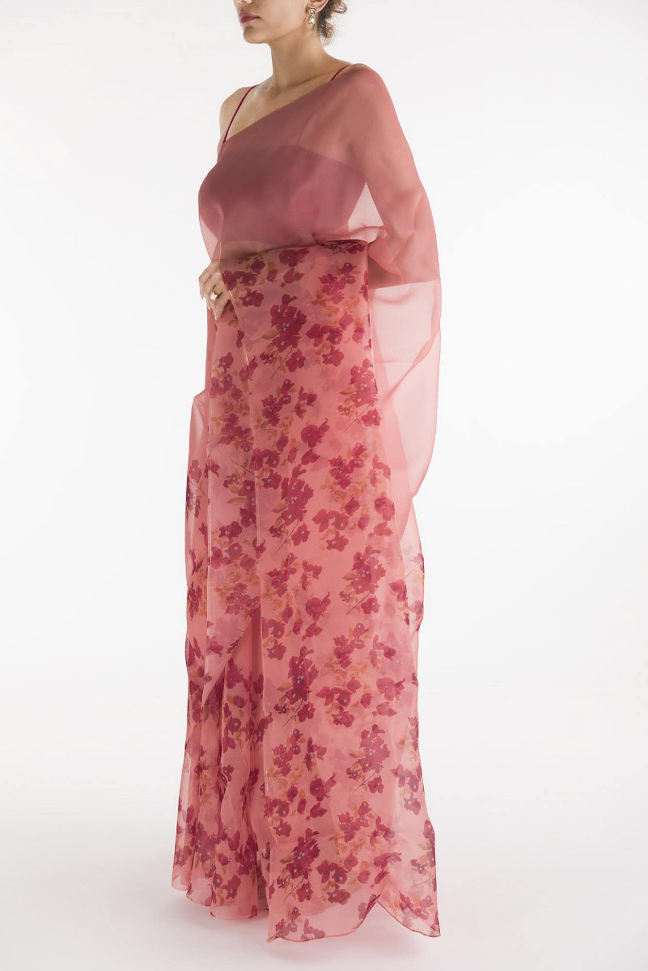 Bougainvillea Vines Peach Pure Organza Silk Saree