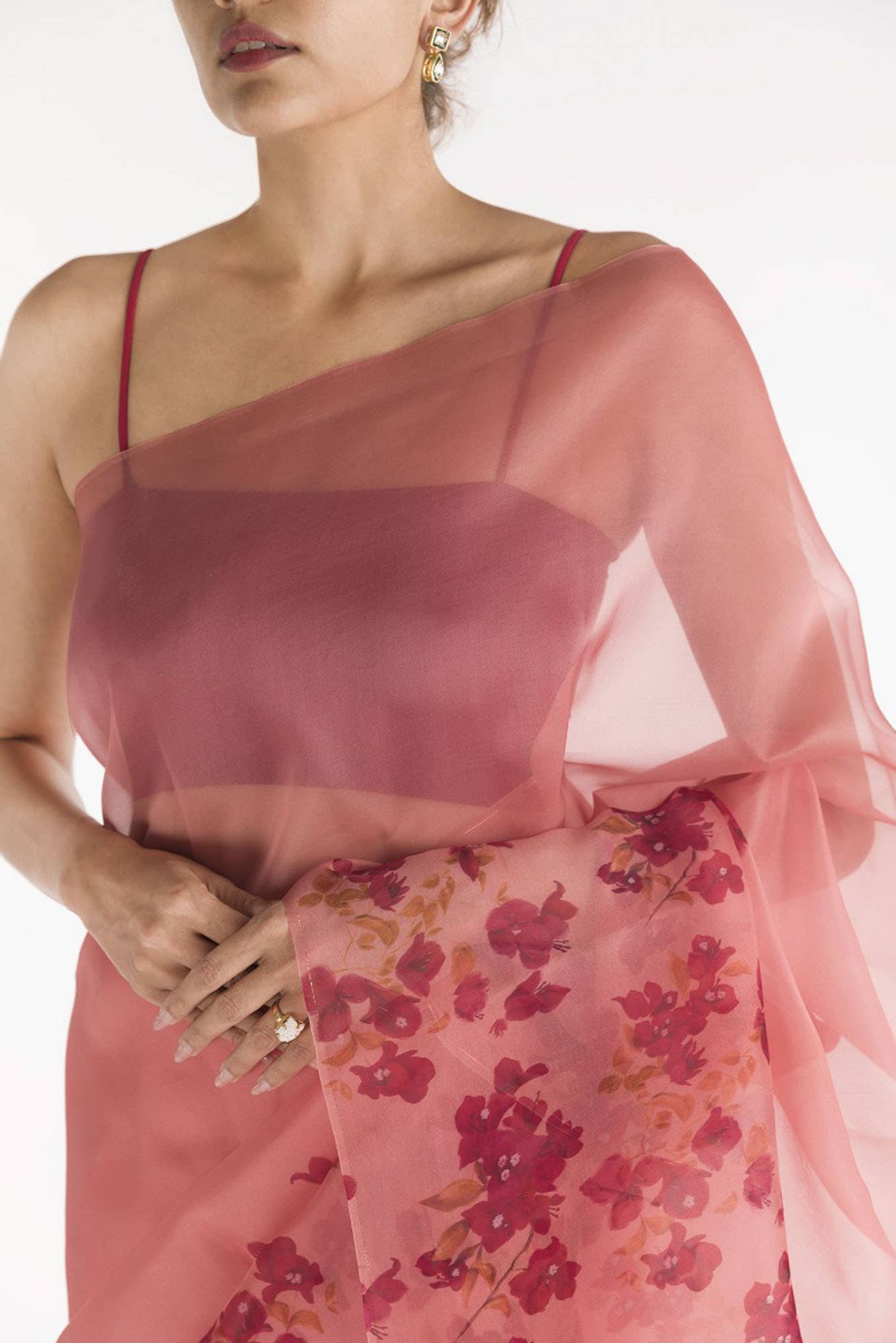 Bougainvillea Vines Peach Pure Organza Silk Saree