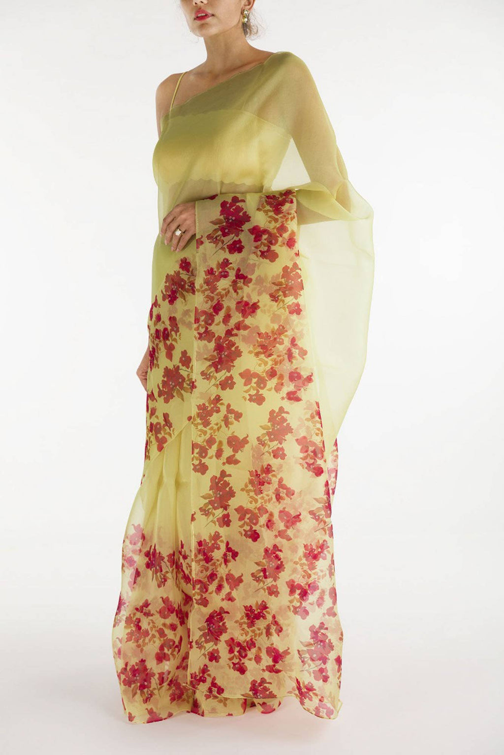 Bougainvillea Vines Yellow Pure Organza Silk Saree