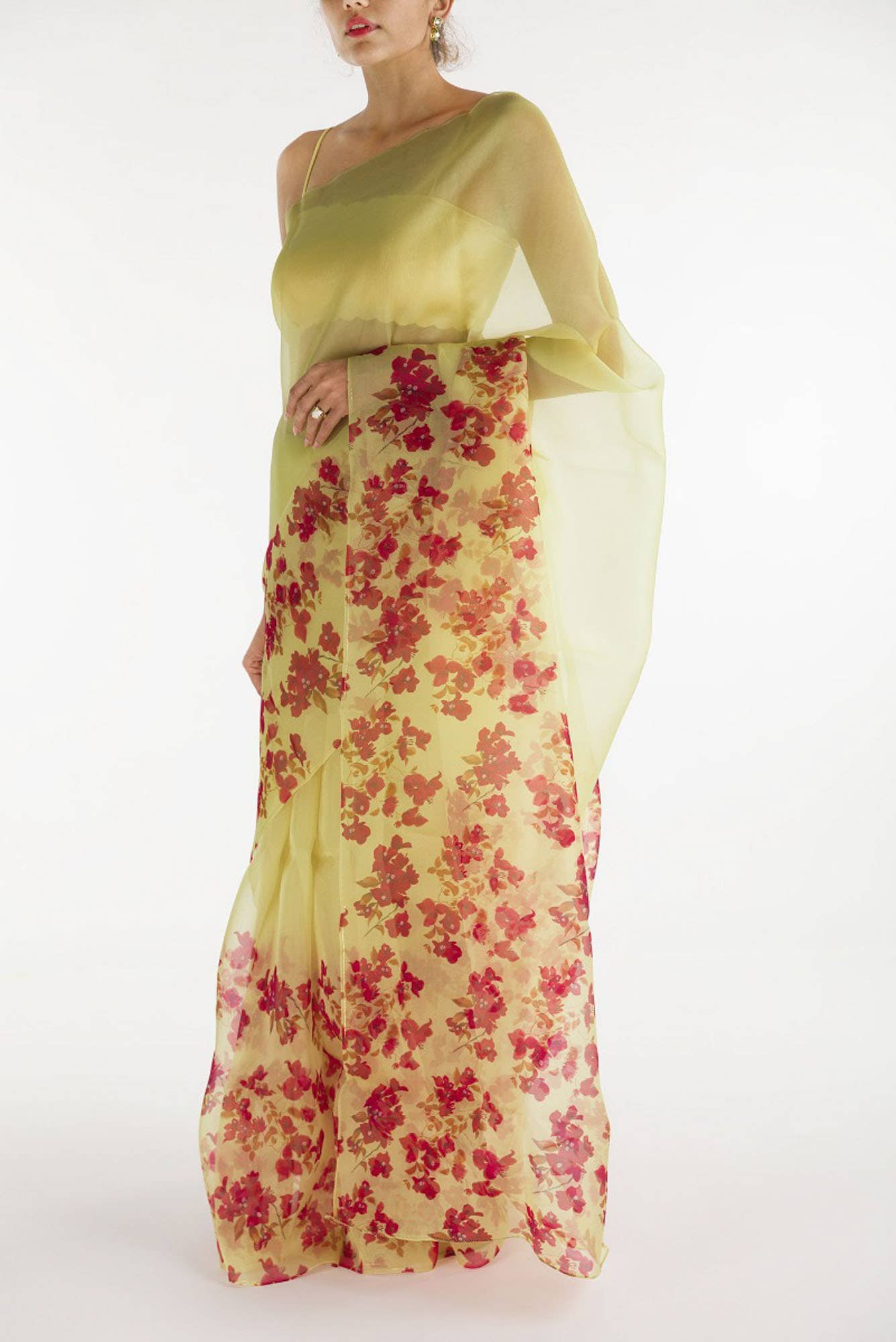 Bougainvillea Vines Yellow Pure Organza Silk Saree