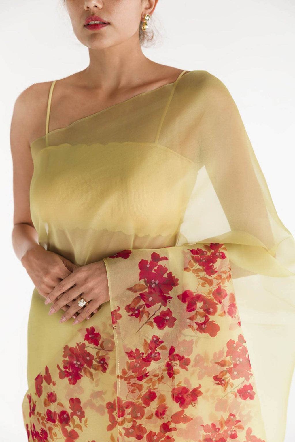 Bougainvillea Vines Yellow Pure Organza Silk Saree