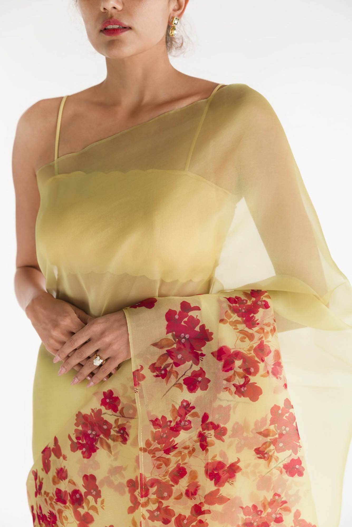 Bougainvillea Vines Yellow Pure Organza Silk Saree