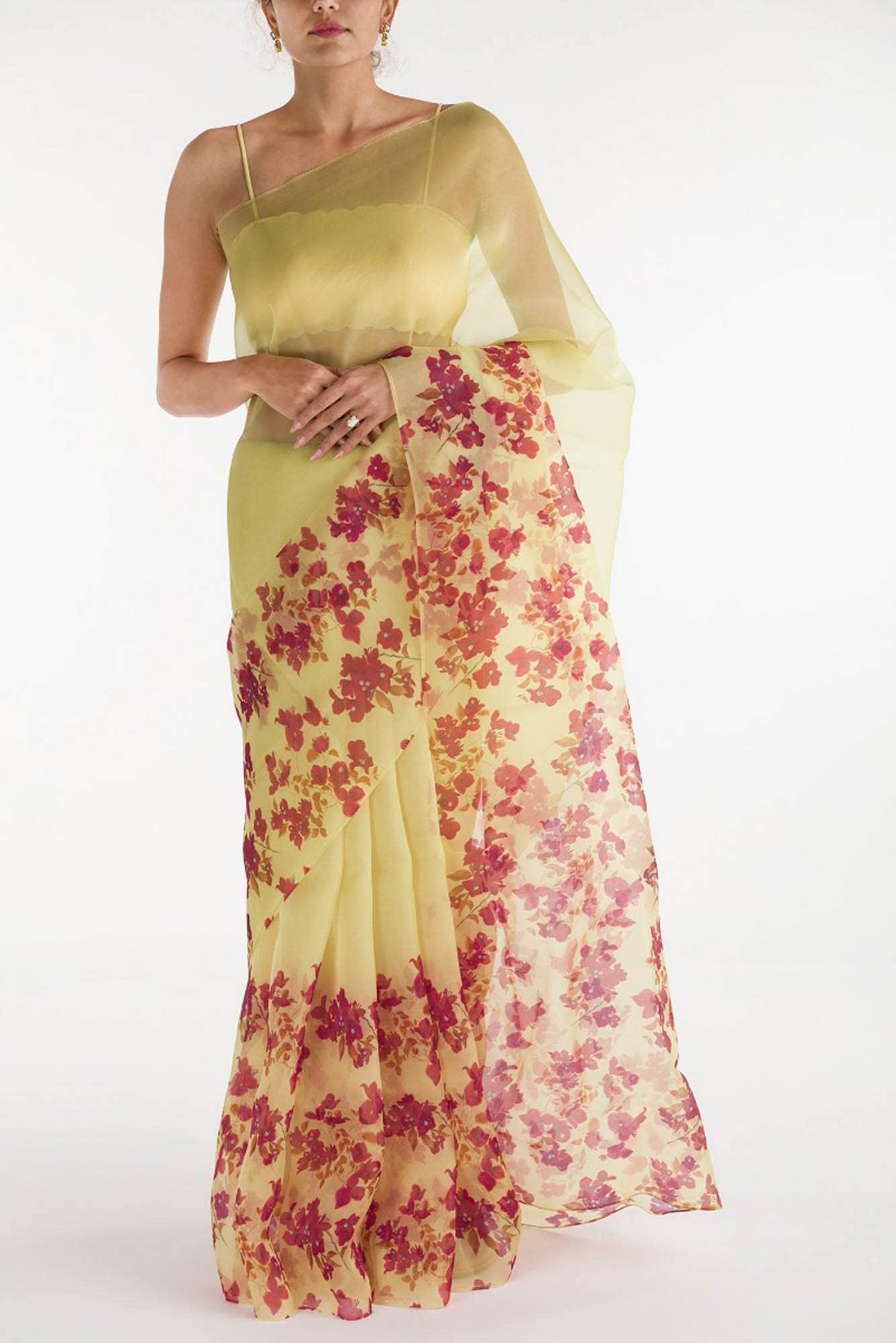 Bougainvillea Vines Yellow Pure Organza Silk Saree