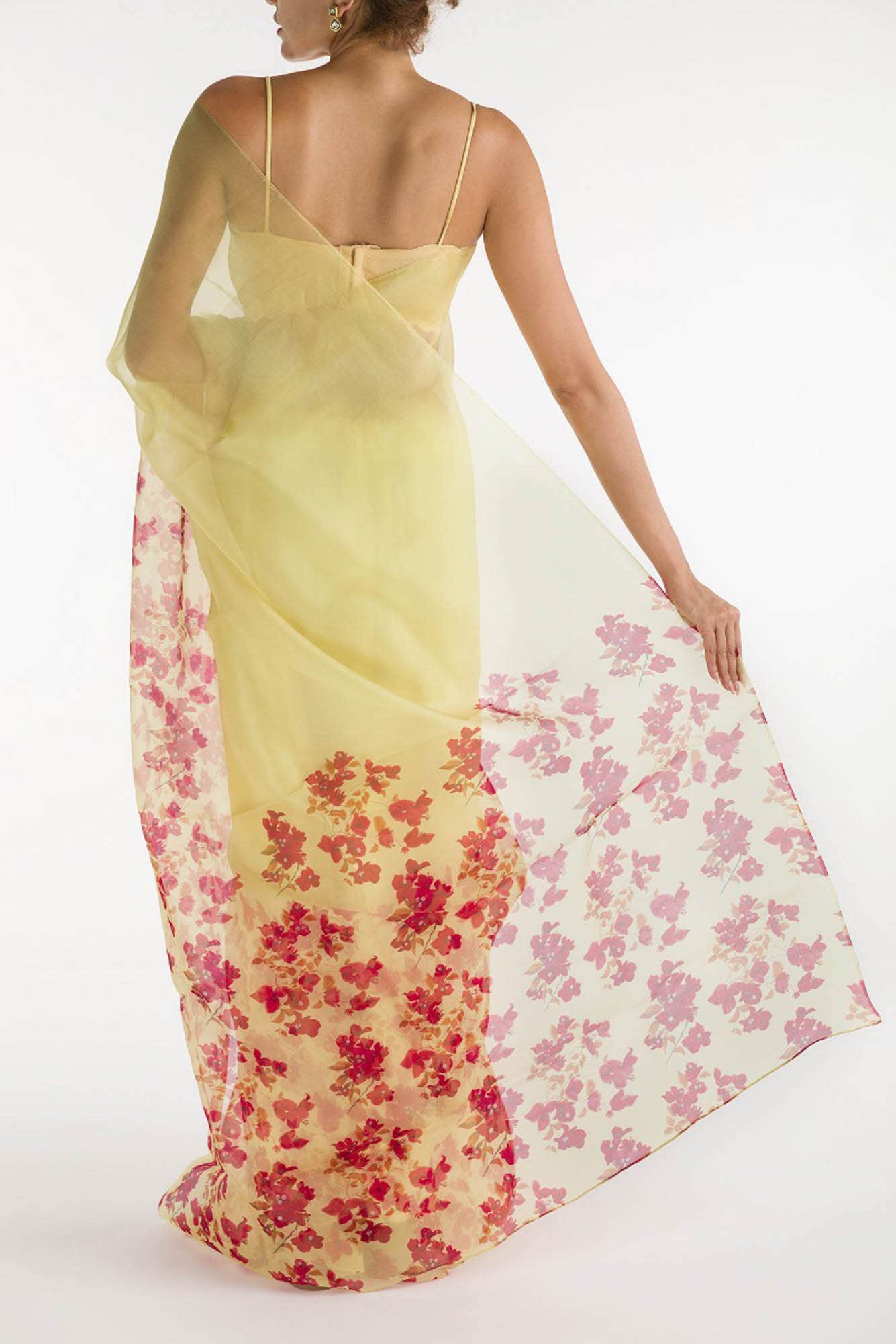 Bougainvillea Vines Yellow Pure Organza Silk Saree