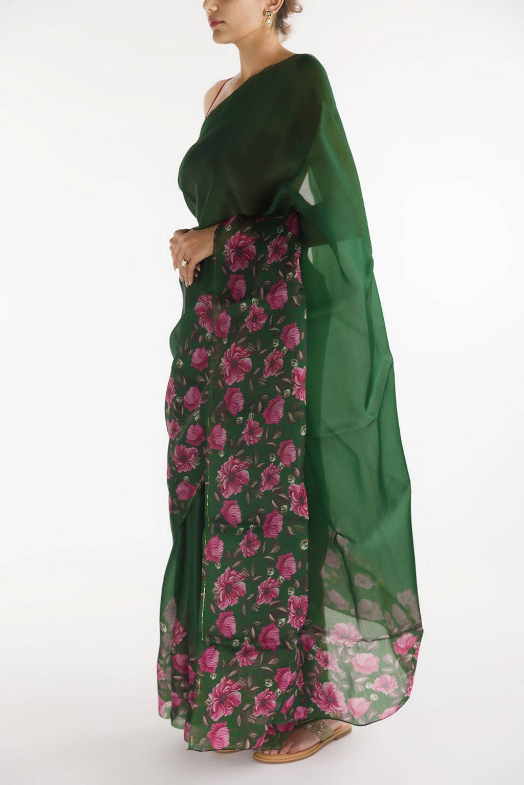 Poppys in Rhythm Dark Green Satin Organza Saree
