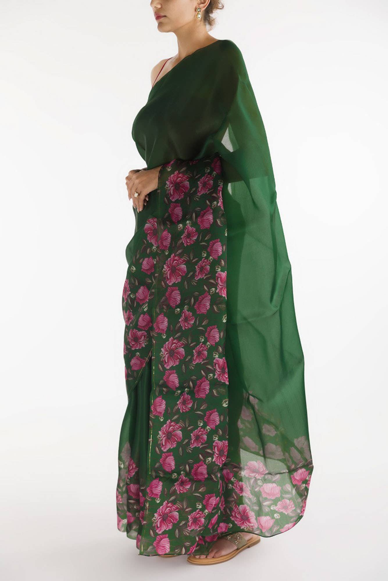 Poppys in Rhythm Dark Green Satin Organza Saree