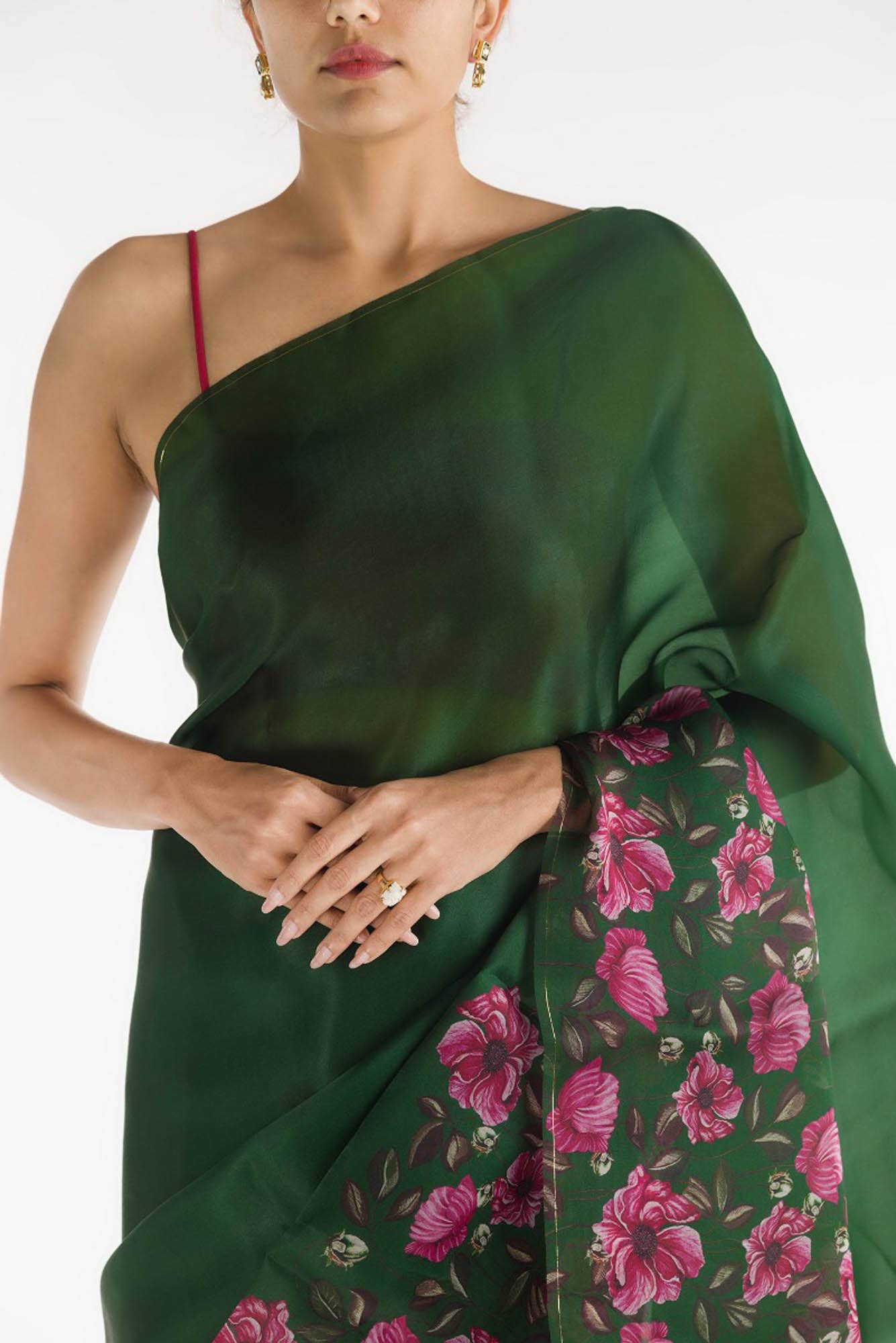 Poppys in Rhythm Dark Green Satin Organza Saree