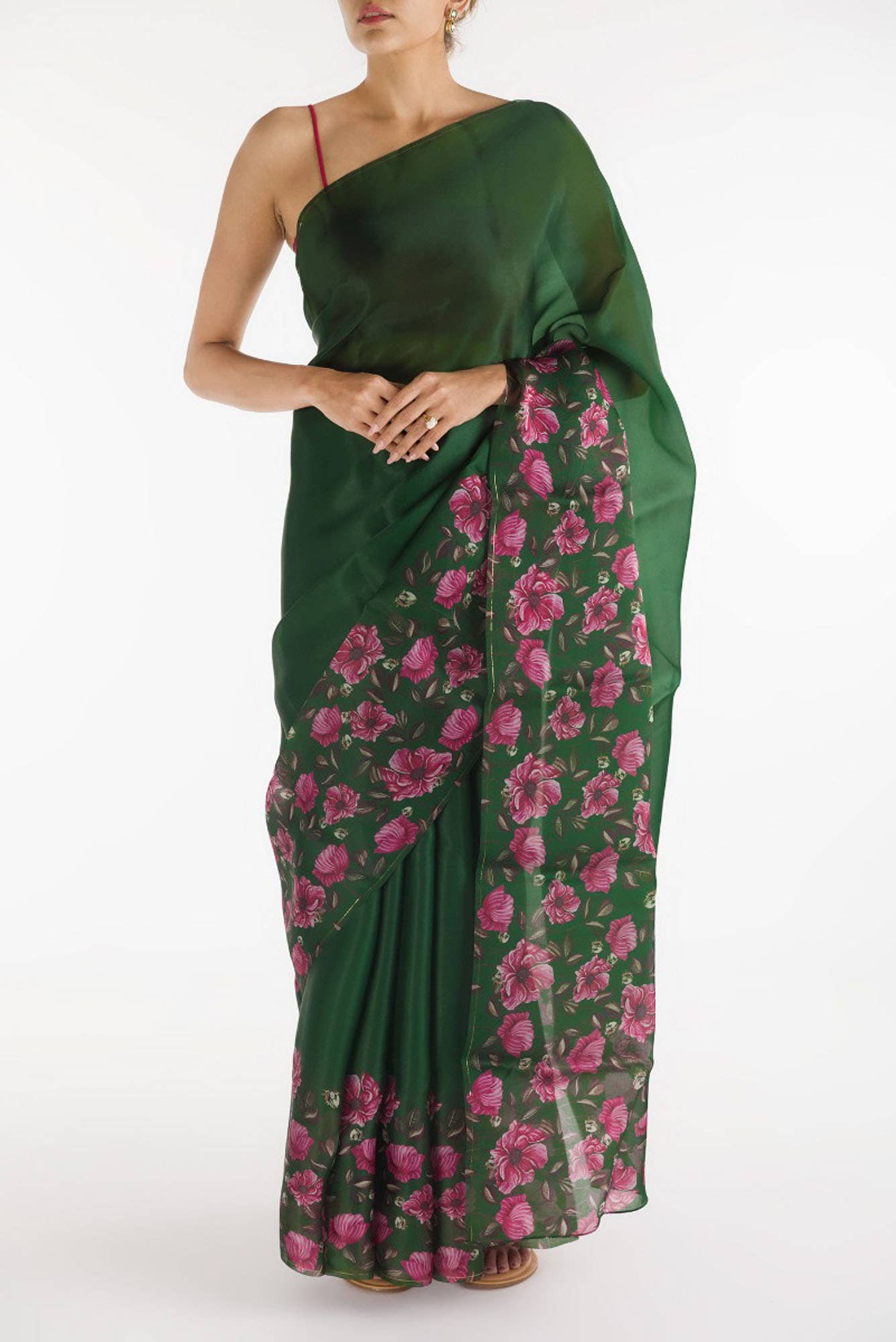 Poppys in Rhythm Dark Green Satin Organza Saree
