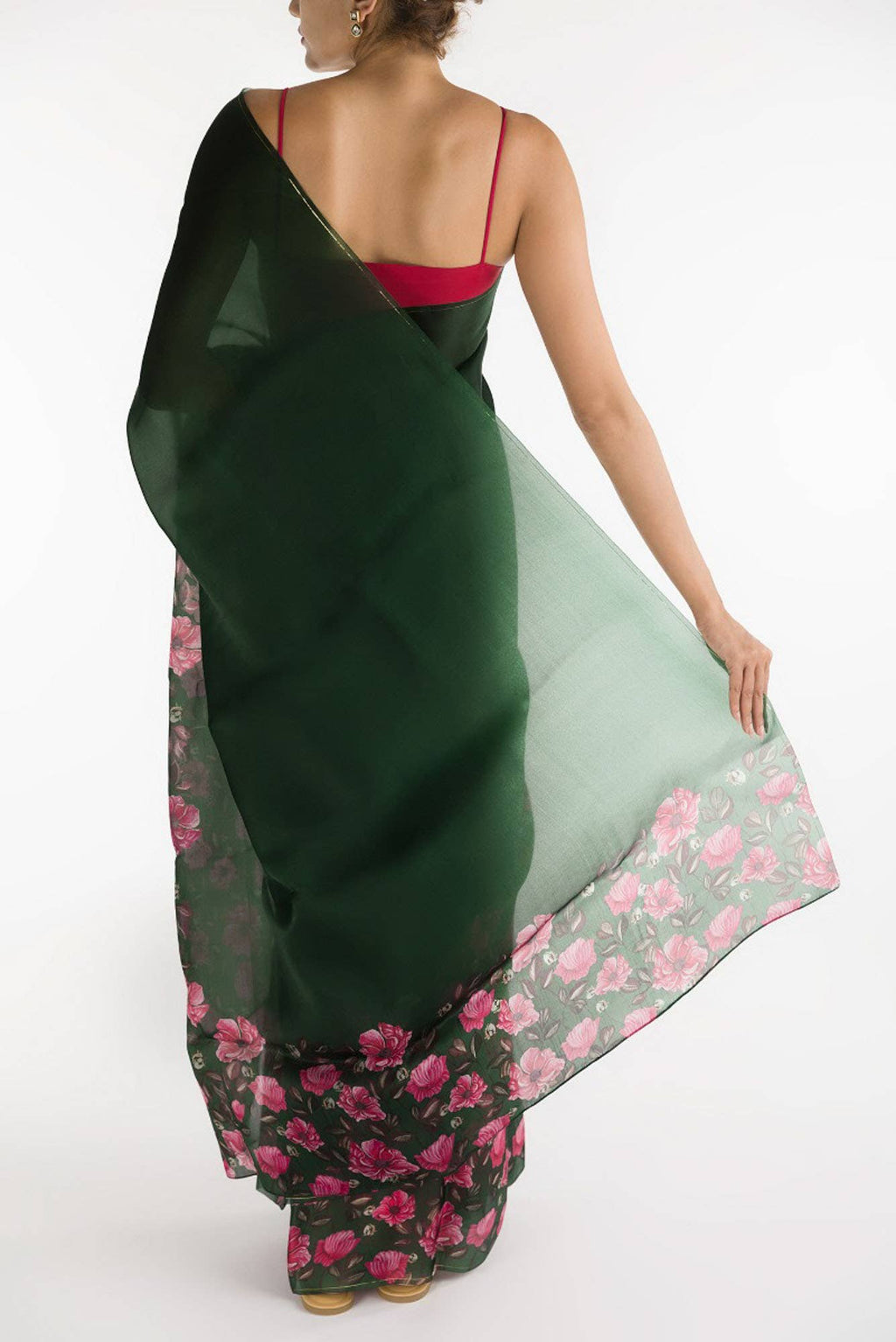 Poppys in Rhythm Dark Green Satin Organza Saree