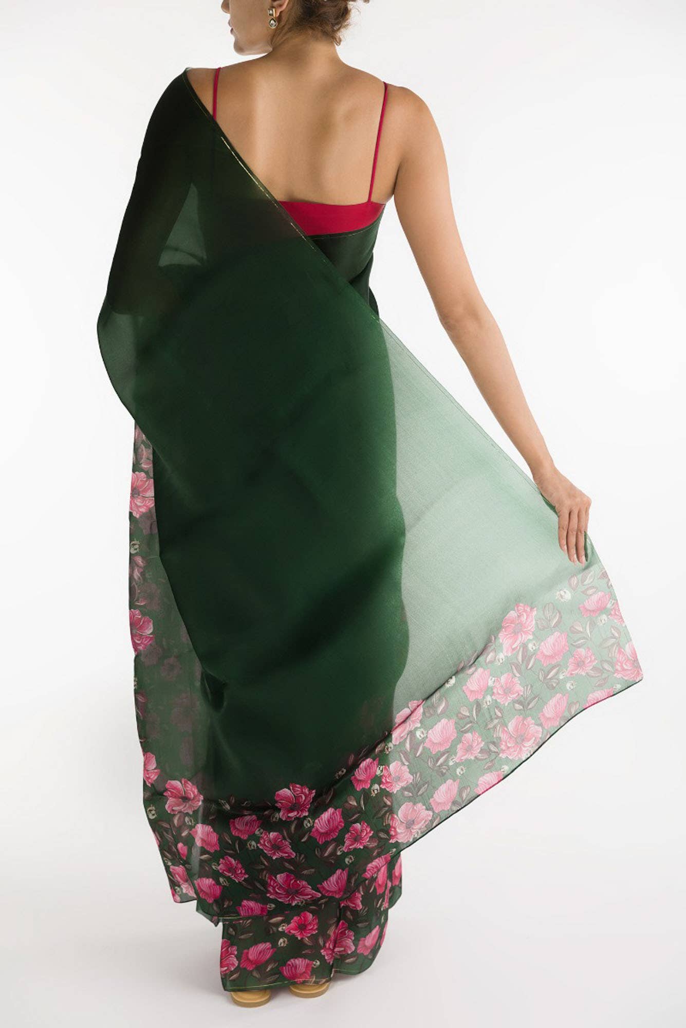 Poppys in Rhythm Dark Green Satin Organza Saree
