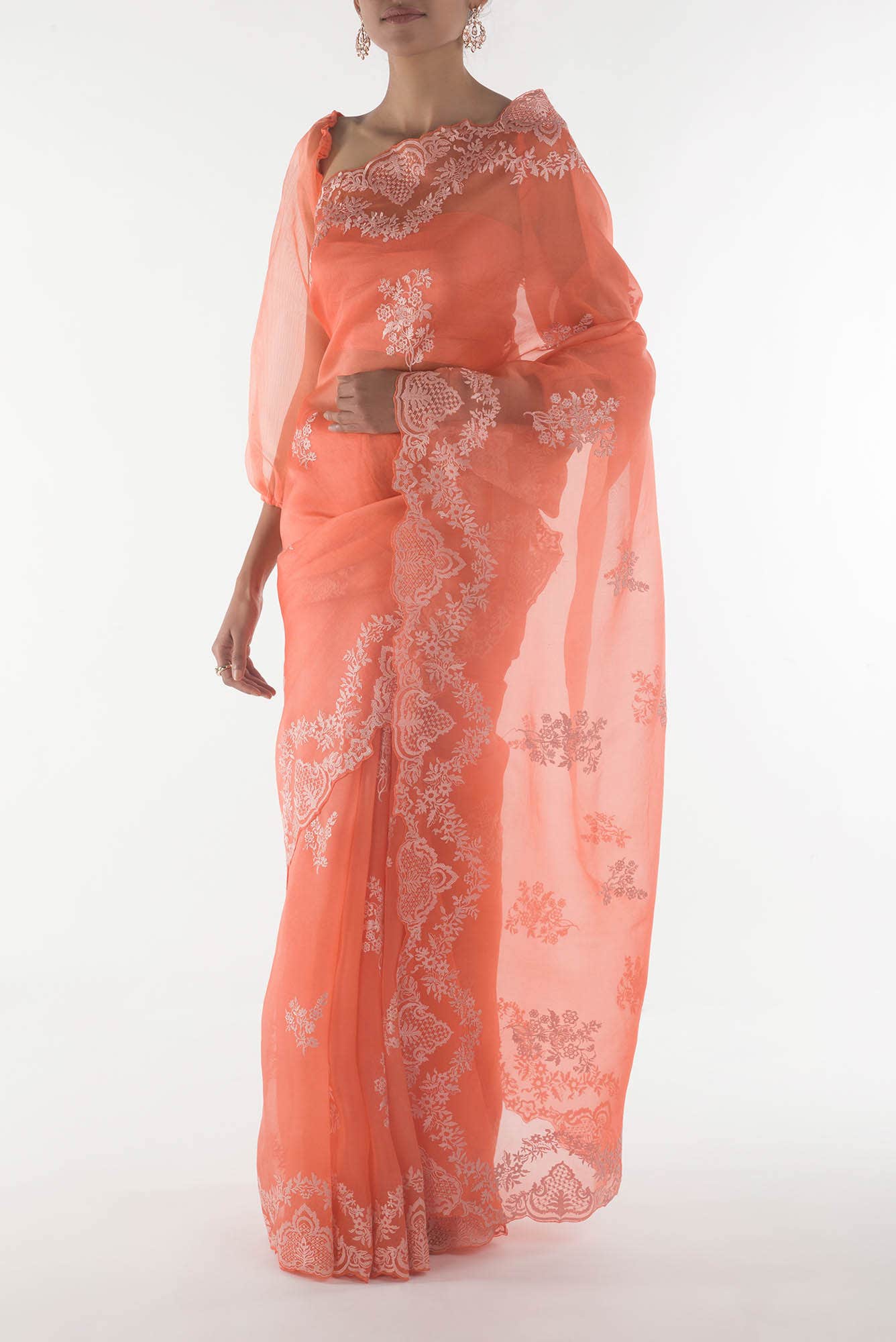 Peonia Orange floral design saree from Embroidered Romance Collection by Nalli