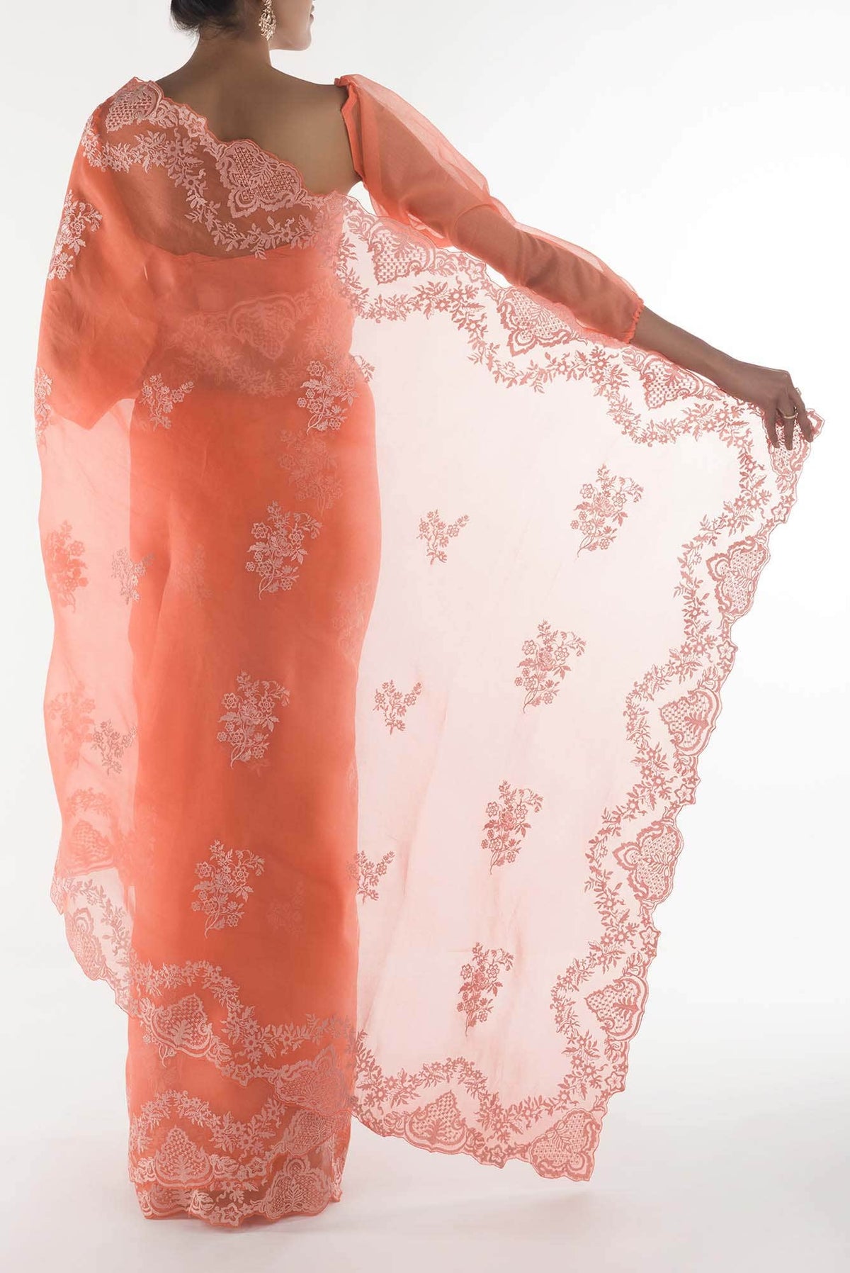 Peonia Orange floral design saree from Embroidered Romance Collection by Nalli
