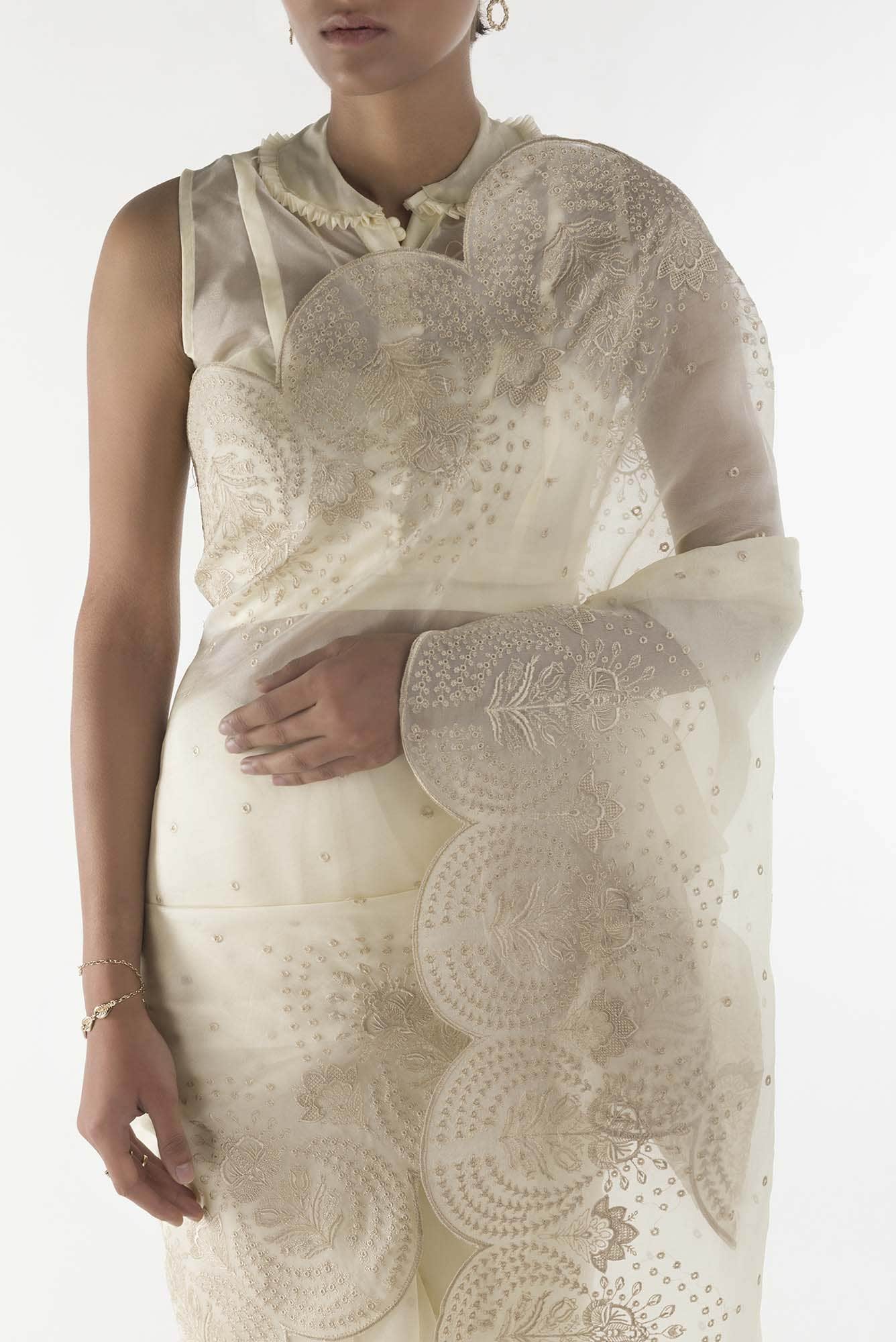 Lovelace Cream floral design saree from Embroidered Romance Collection by Nalli